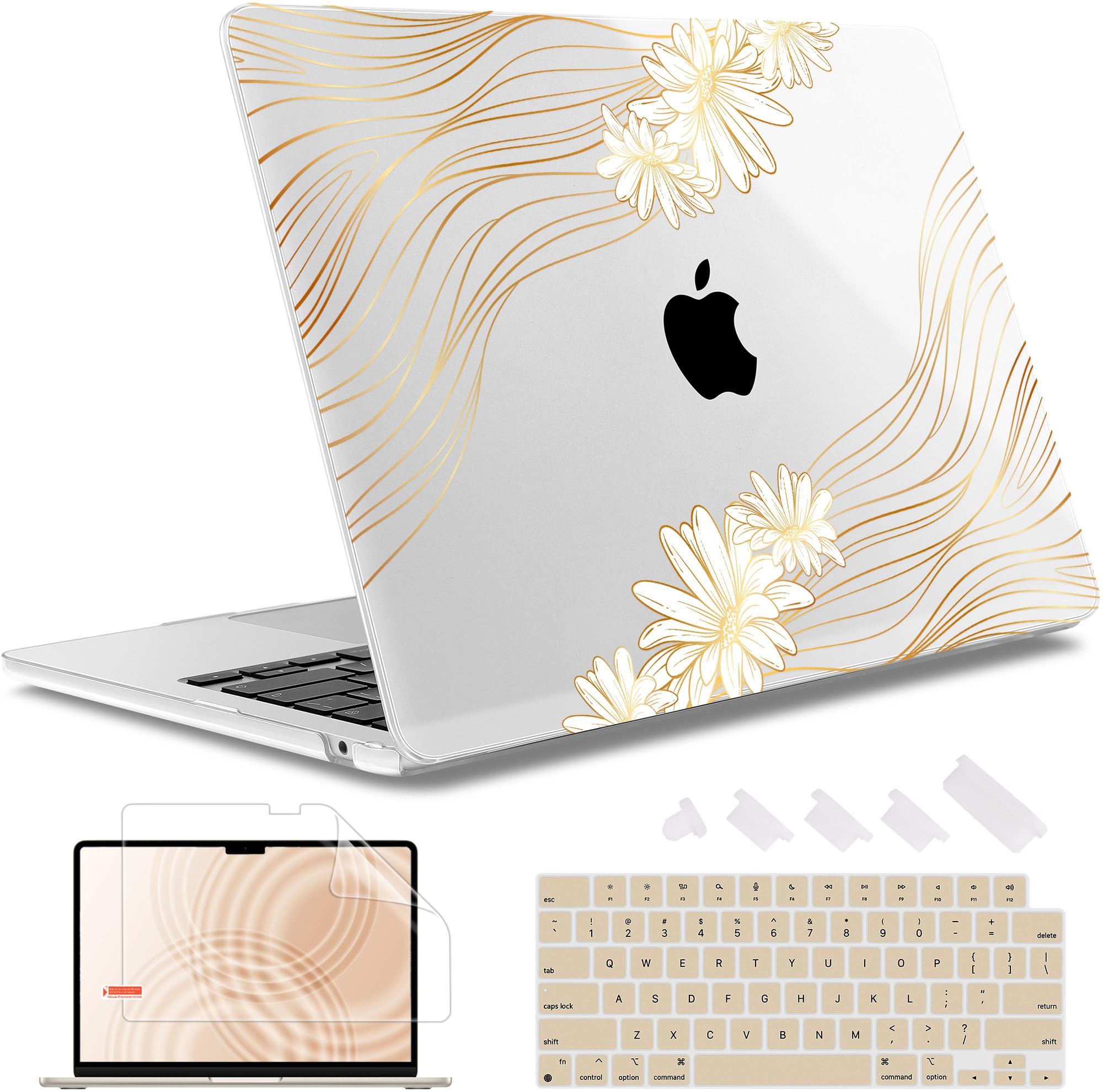 May Chen for M4 MacBook Air 15 inch Case A3241 A3114 M3 A2941 M2 2025 2024 2023 Release, Plastic Hard Shell for MacBook Air 15.3" with Retina Dispaly Fits Touch ID, Golden Linear S825