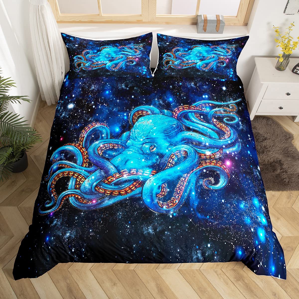 Octopus Duvet Cover Ocean Kraken Print Comforter Cover Colorful Galaxy Stars Bedding Set for Kids Adults Octopus Tentacles Sea Marine Themed Bedspread Cover Ultra Soft Room Decor Full Size Bedclothes