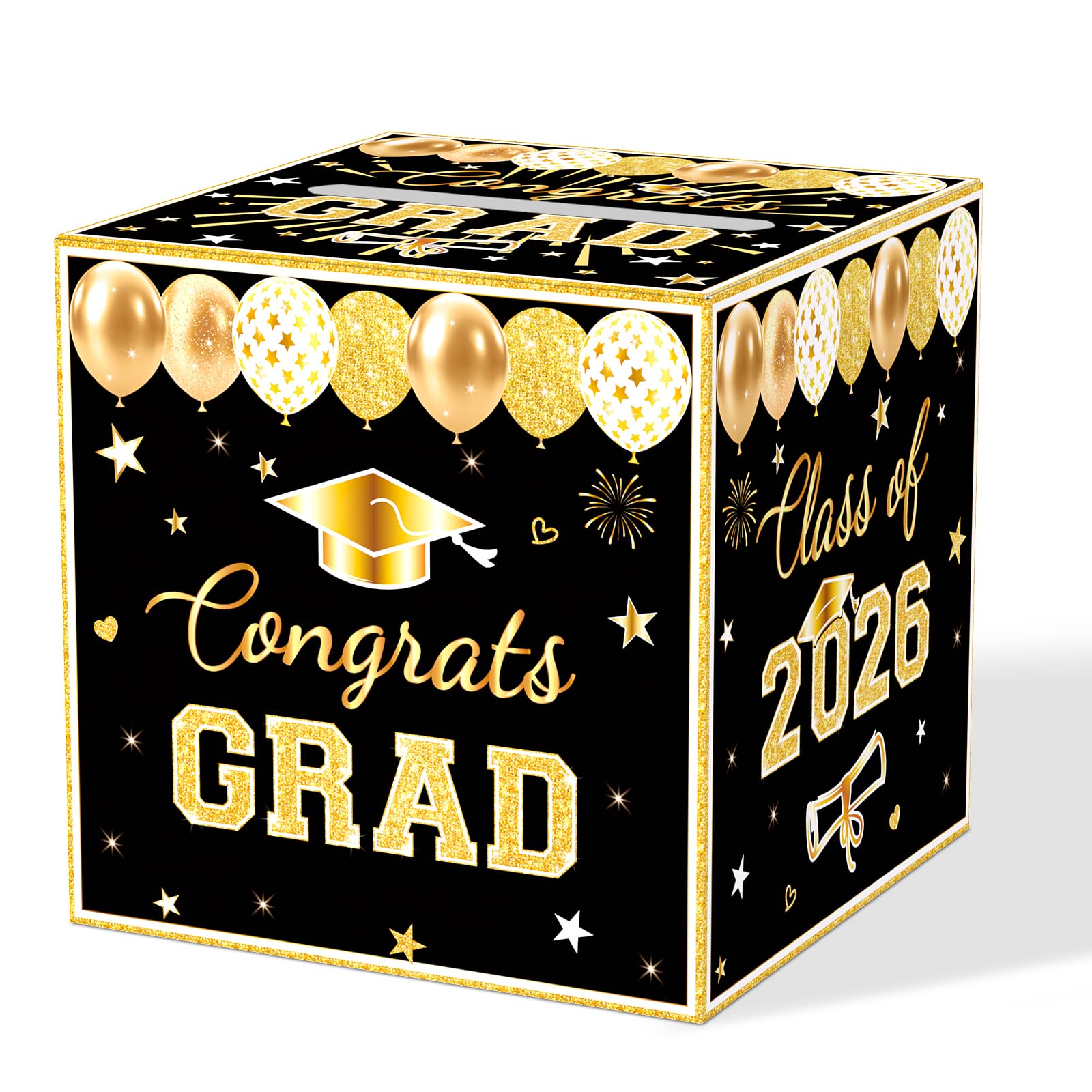 Black Graduation Congrats Card Box, Class of 2026 Black Gold Graduation Party Decorations Money Card Boxes Holder, Graduation Gift Card Box for Grad Parties Supplies 8.7 x 8.7 x 8.7 Inch