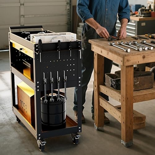 Miniatura 8 de Carrito de herramientas rodante de 3 niveles con ruedas con cajón y tablero de clavijas, capacidad de 420 libras, carrito organizador de