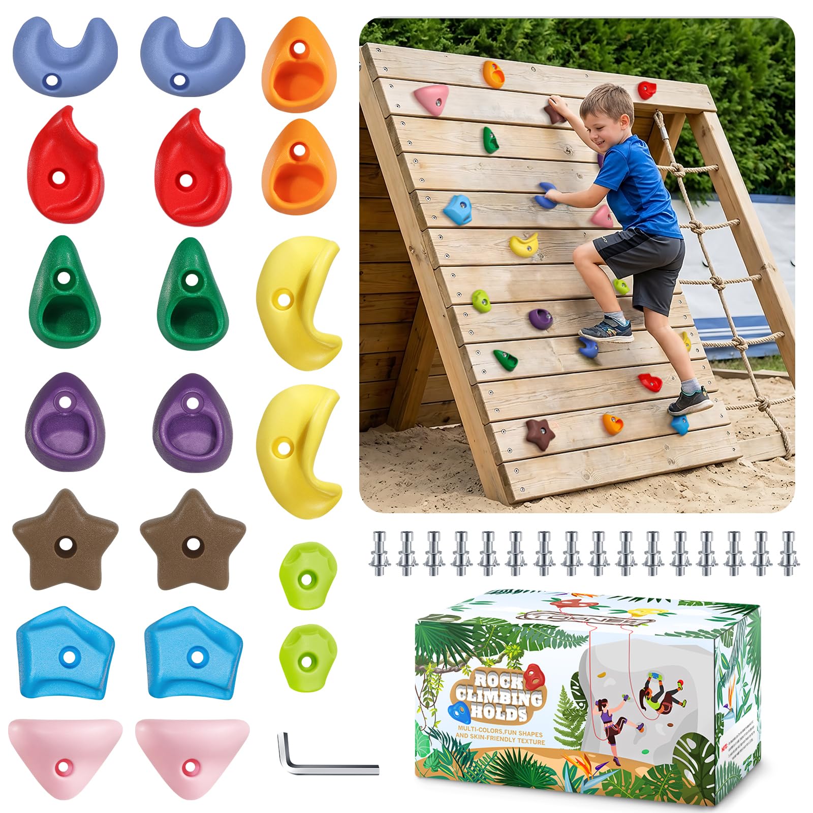 TOPNEW Climbing Holds for Kids, Rock Wall Holds with Hardware - Climbing Rocks for Indoor Outdoor Playground Climbing Wall (20 Pcs)