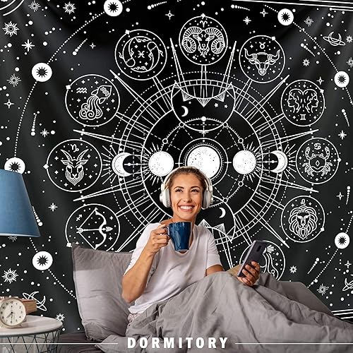 Miniatura 3 de Tapiz de astrología del zodiaco, colgante de pared de constelación en blanco y negro para dormitorio, sala de estar, dormitorio (51 x 59 pulgadas)