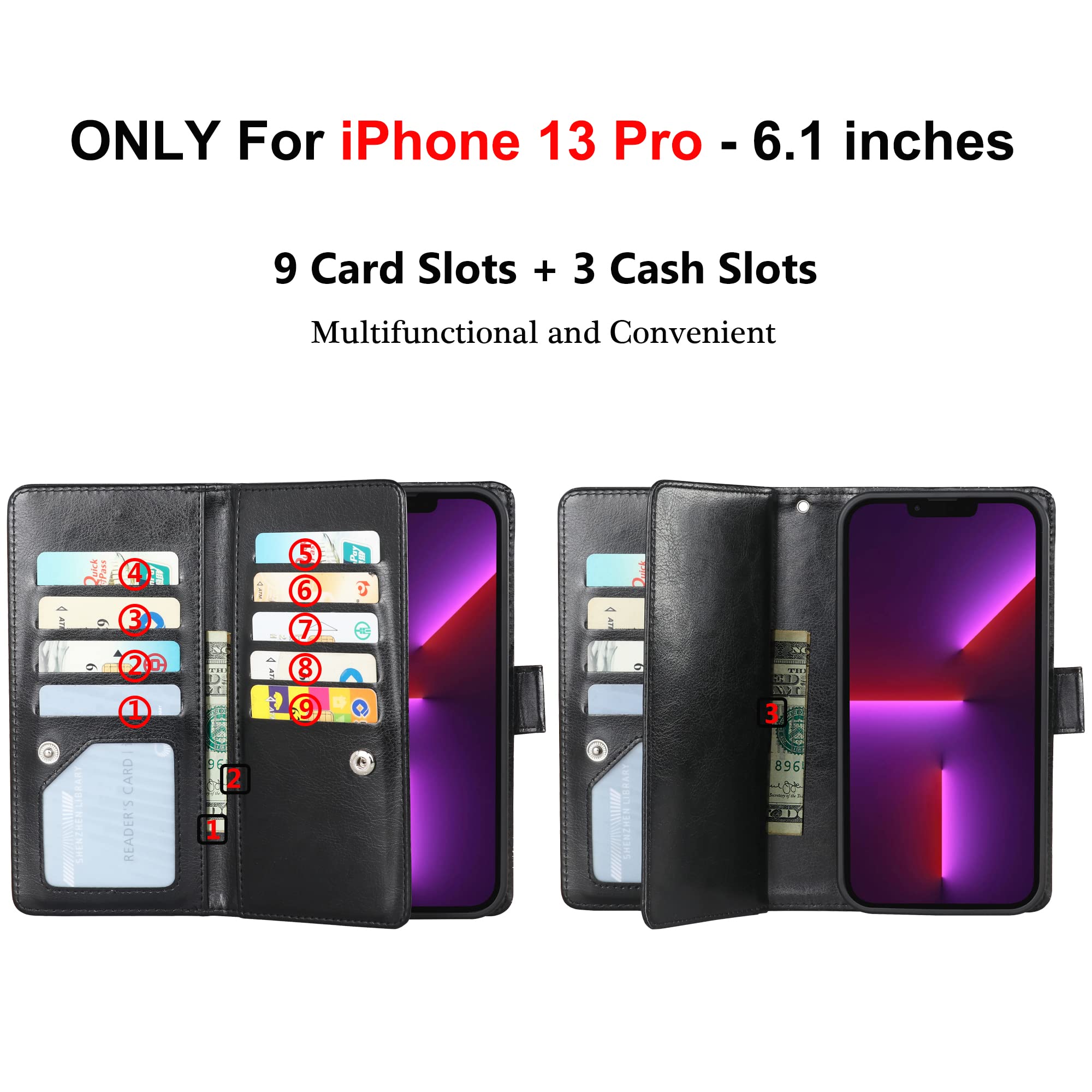 Varikke for iPhone 13 Pro Wallet Case, Detachable Magnetic Wallet Flip Cases with Card Holder & Kickstand & Wristlet, Glitter PU Leather Phone Cover Fits iPhone 13 Pro 6.1“ for Women Men, Black