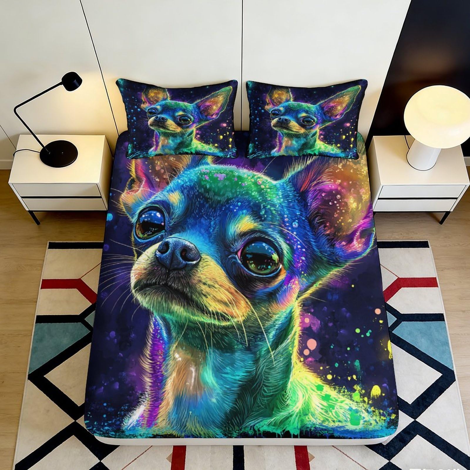 3D Printed Colorful Chihuahua Fitted Sheet Microfiber Anti-Slip Mattress Cover for Bedroom Dorm Easy Care Decor 90x200x25cm