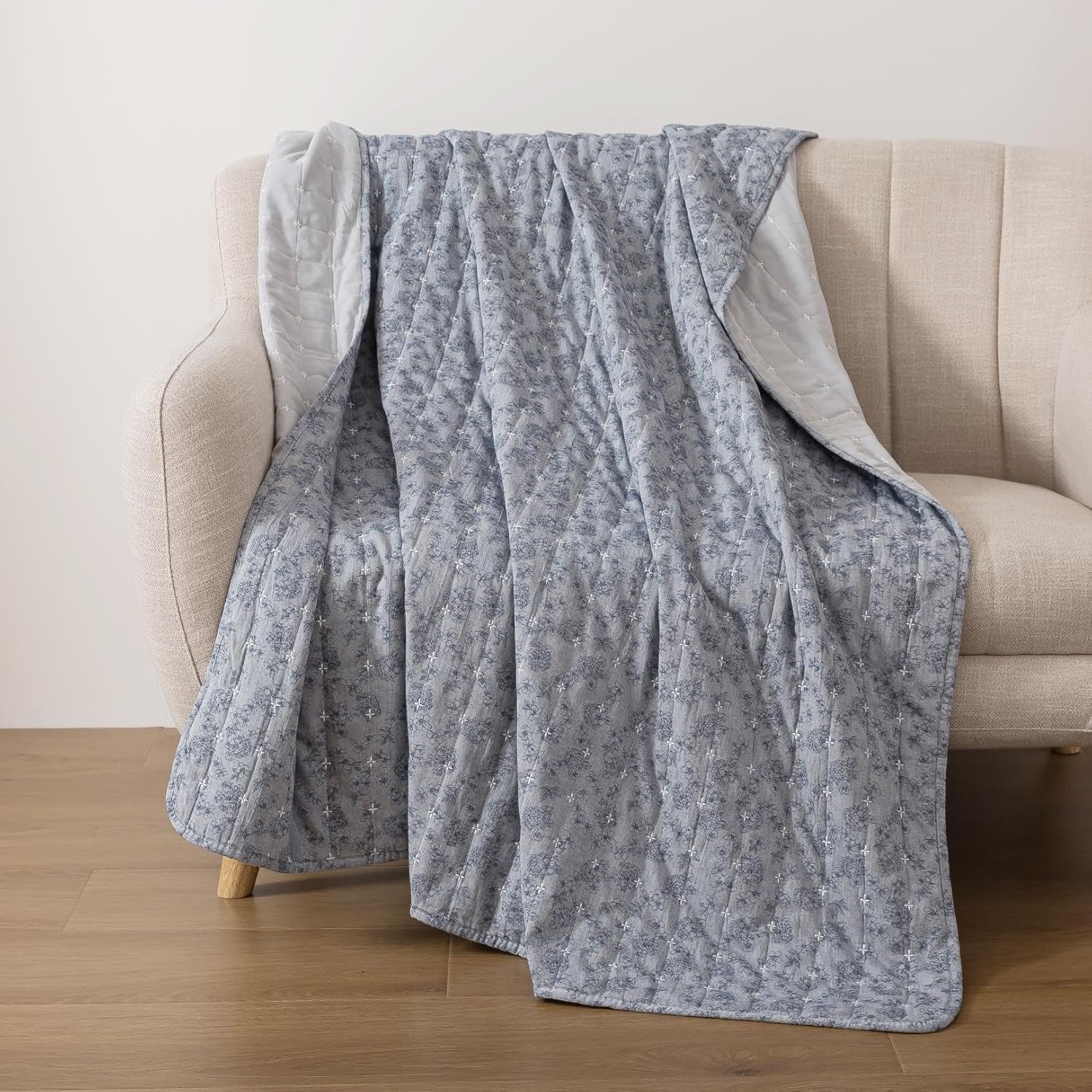 Soul & Lane Blue Whisper Diamond Cotton Quilted Throw Blanket - 50" x 60", Modern Gray Decorative Throw for Couch and Bed, Lightweight Contemporary Diamond Pattern Lap Quilt