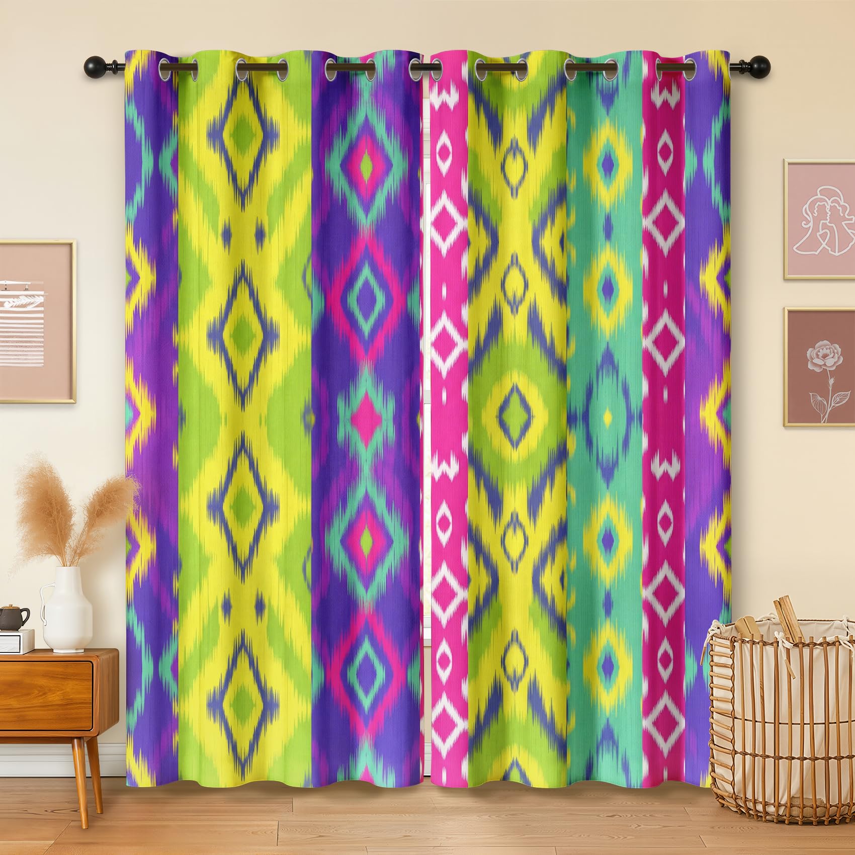 Havenix Colourful Boho Ikat Blackout Curtains for Bedroom Living Room, Eyelet Curtains 90x108, Thermal Insulated Drapes for Windows, Funky Geometric Diamond Patterned Window Treatments, 2 Panels
