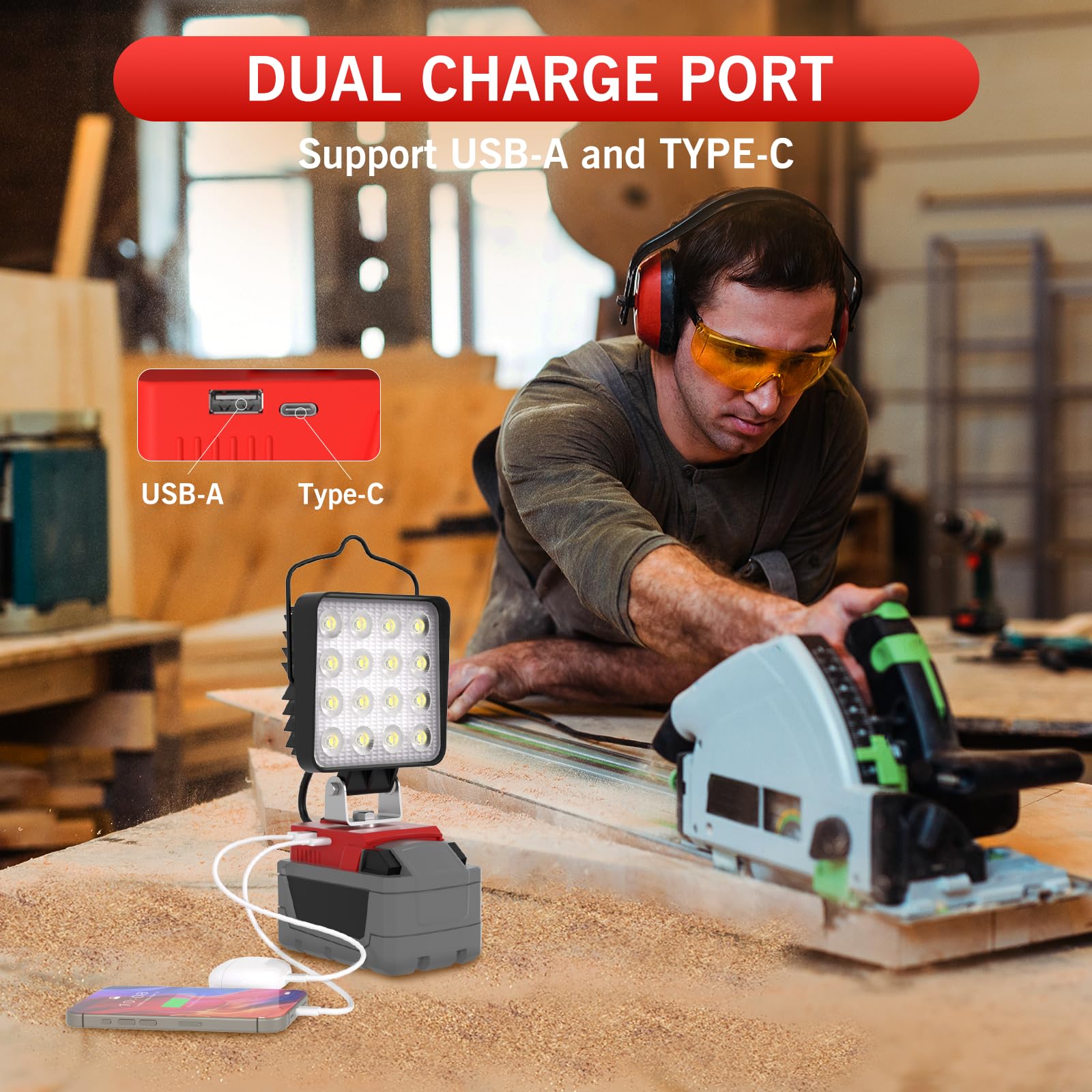112W 11200LM LED Work Light for Milwaukee m18 18v Battery - Cordless Work Light w/USB & 112W 11200LM LED Work Light for Milwaukee m18 18v Battery - Cordless Work Light w/USB &