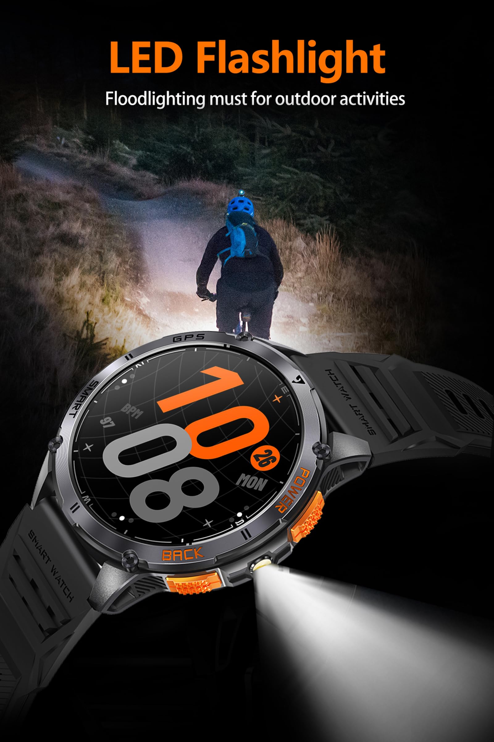 Montre intelligente GPS militaire pour homme avec boussole, altimètre, baromètre, montre de fitness, fréquence cardiaque, pression artérielle, podomètre, montre de course à pied, lampe de poche LED