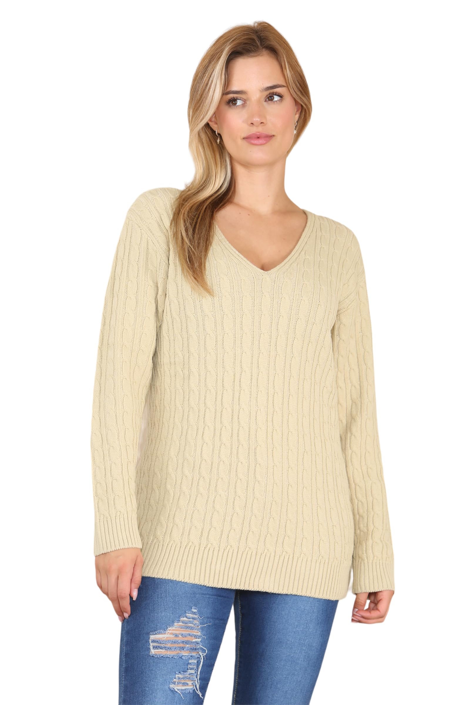 Wearall Women's Stone Plus Cable Knitted Long Sleeve V-Neck Sweater Top Stretch Jumper - 16-18