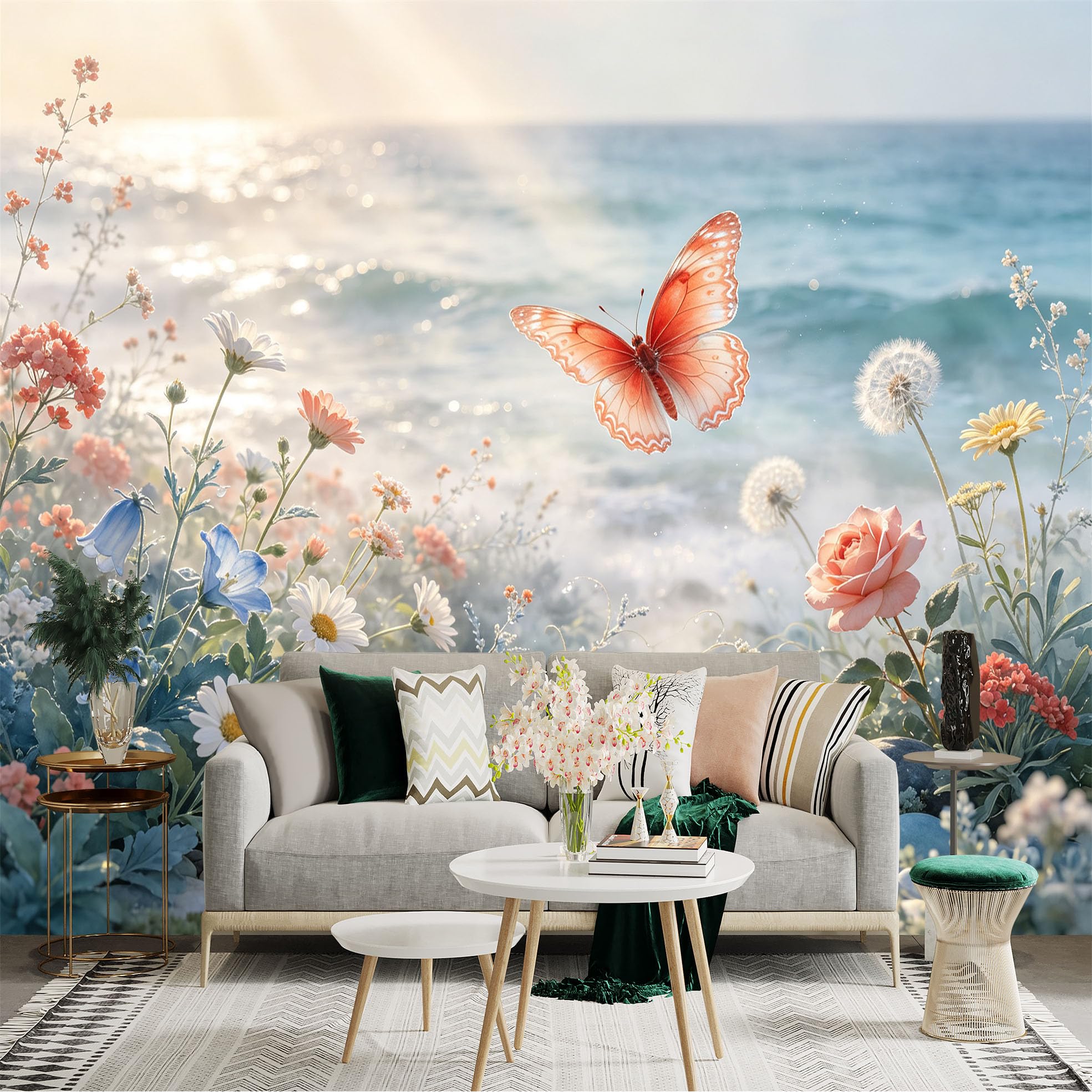 Lnzczhyre Bh260719808 Custom Size Wall Sticker Mural， Orange Butterfly， Wildflowers By The Ocean， Peaceful Beach Scenery， For Wall Decoration， Peelandstick Wall Decals.