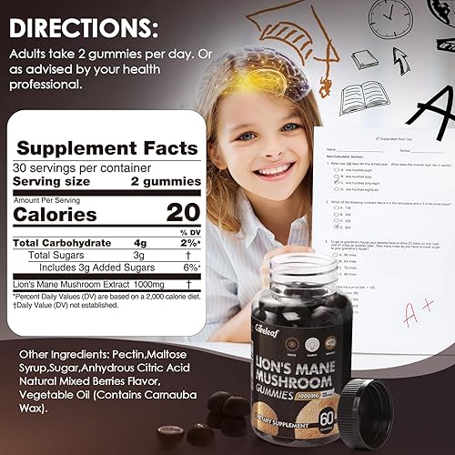 Miniatura 6 de Lions Mane - Gomitas de hongos para suplemento cerebral nootrópico, apoyo inmunológico, suplemento de hongos para aliviar el estrés, sabor a bayas