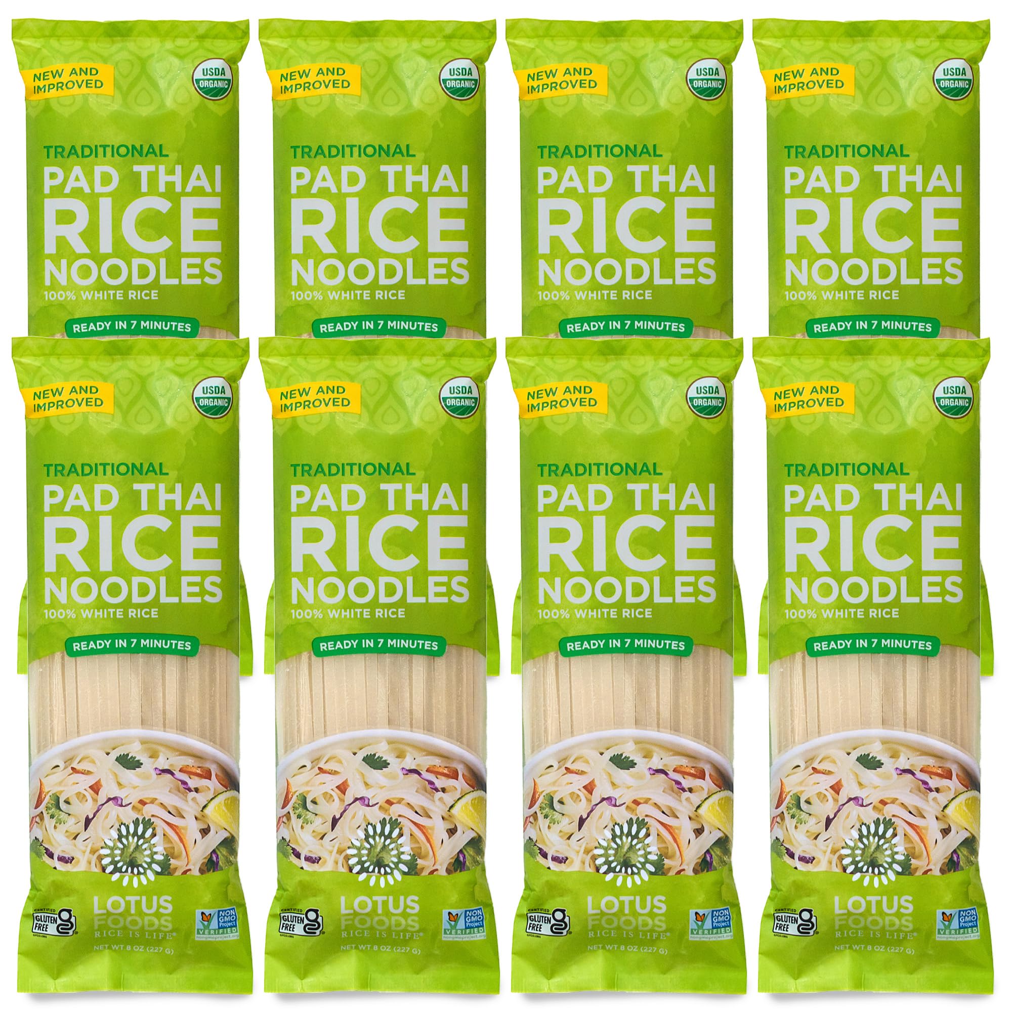 Lotus Foods Traditional Pad Thai Rice Noodles - Pad Thai Noodles, Asian Noodles, Gluten Free Noodles, Rice Noodles, Whole Grain, Non GMO, USDA Organic - 8 Oz (Pack of 8)USDA Organic