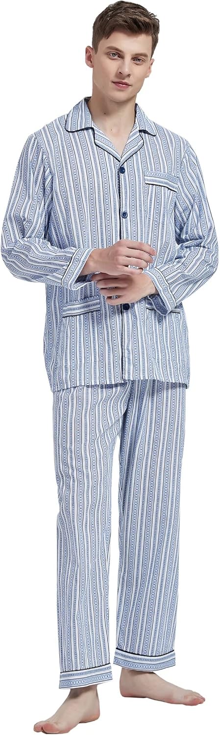 amaxer Mens 100% Cotton Pajamas Set Long Sleeve Pjs Button Fly Pants Soft Elastic Drawstring Waistband Bottoms - Image 5