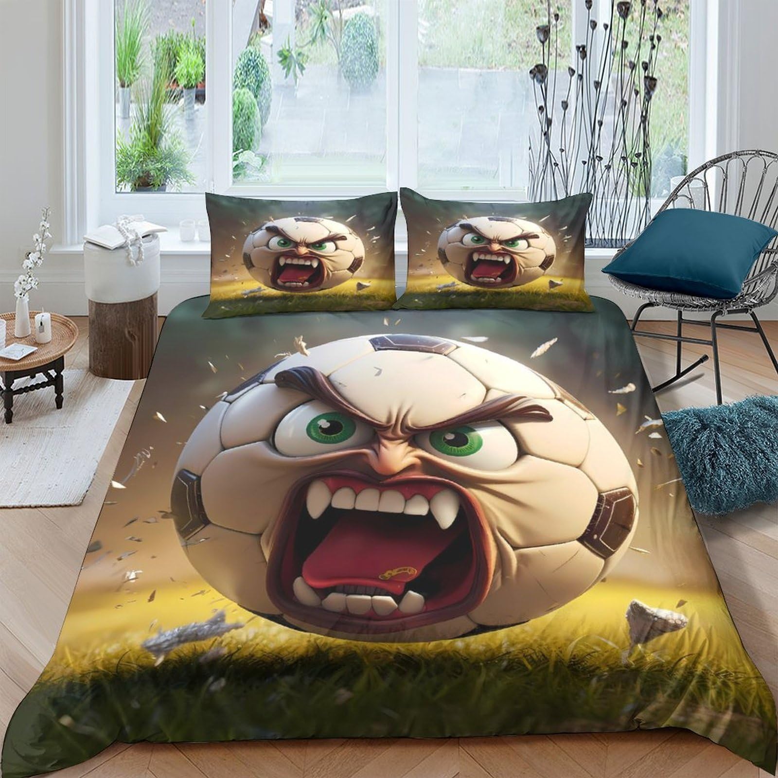 Ctjqhvkz Style-2 3D Printed Angry Soccer Ball Fitted Sheet Microfiber Soft Breathable Cartoon Bed Cover For Bedroom Dorm Mattress Decor Single（135X200cm）