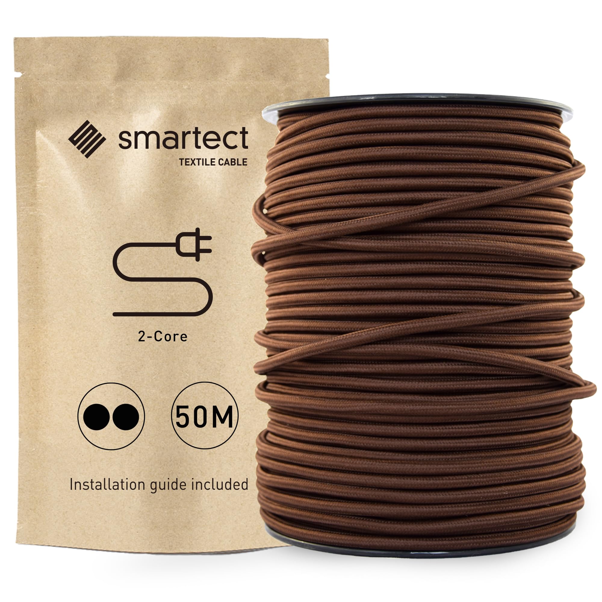 smartect Braided Cable, Brown, 50 Metres 2 Core Electrical Cable (2 x 0.75mm²) Vintage Fabric Electrical Wire for your DIY project