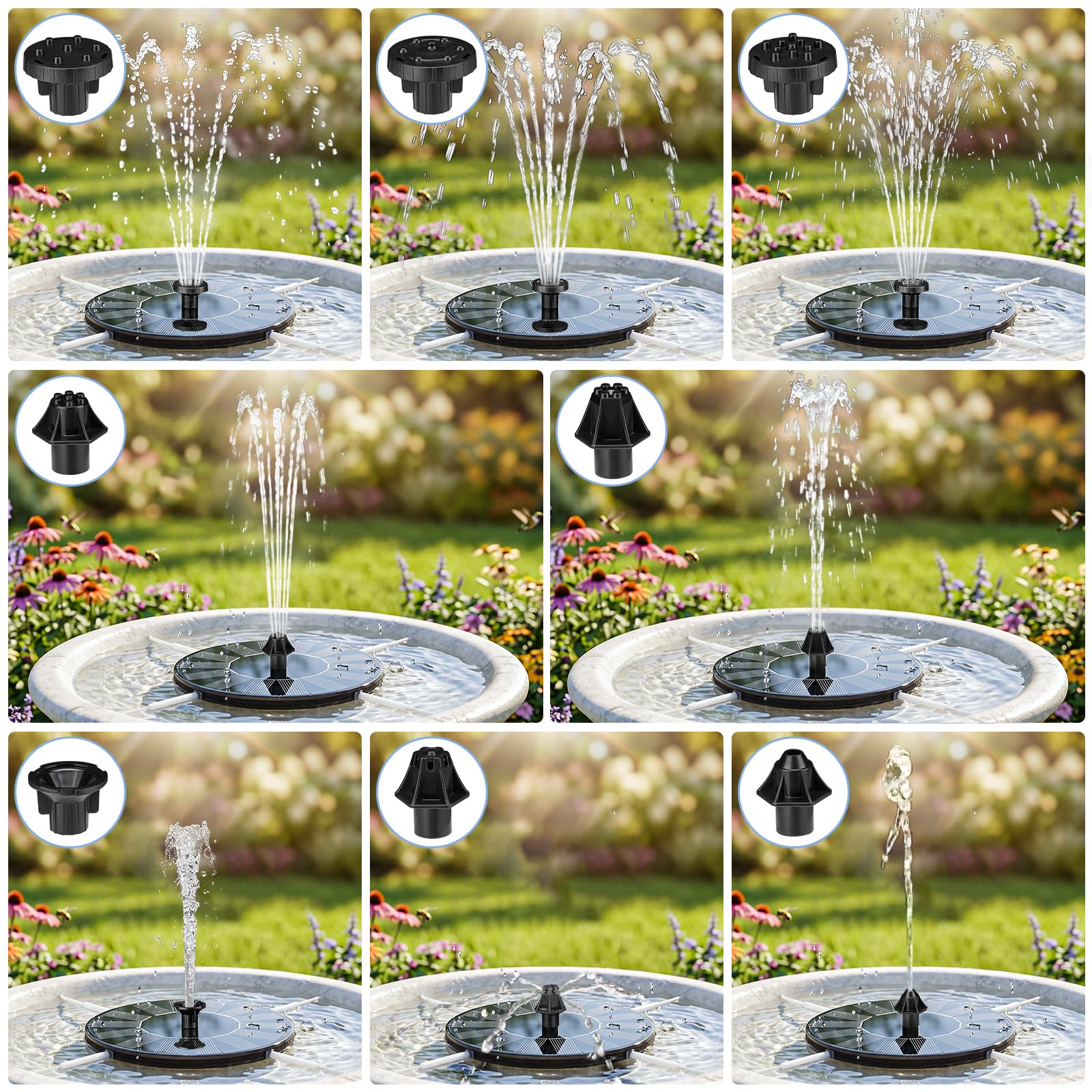 Mademax Solar-Vogeltränke, Brunnen, Pumpe, Solar-Springbrunnen mit 4 Düsen, Freistehend, schwimmend, solarbetriebenr Wasserbrunnen mit Pumpe, für Vogeltränke, Garten, Teich, Pool, Outdoor