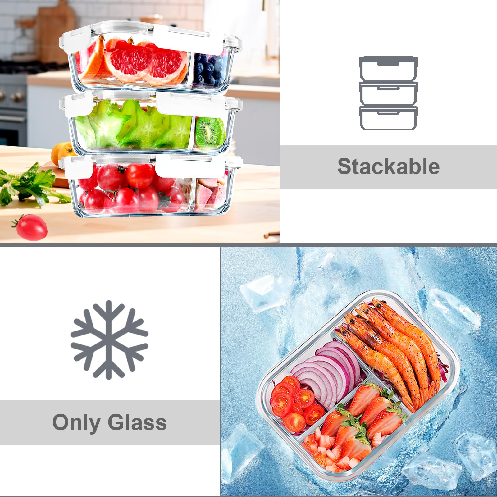 VERONES Paquete de 5 recipientes de vidrio para preparación de comidas, juego de 3 compartimentos, recipientes herméticos de vidrio de 36 onzas, recipientes de almacenamiento de alimentos con tapas