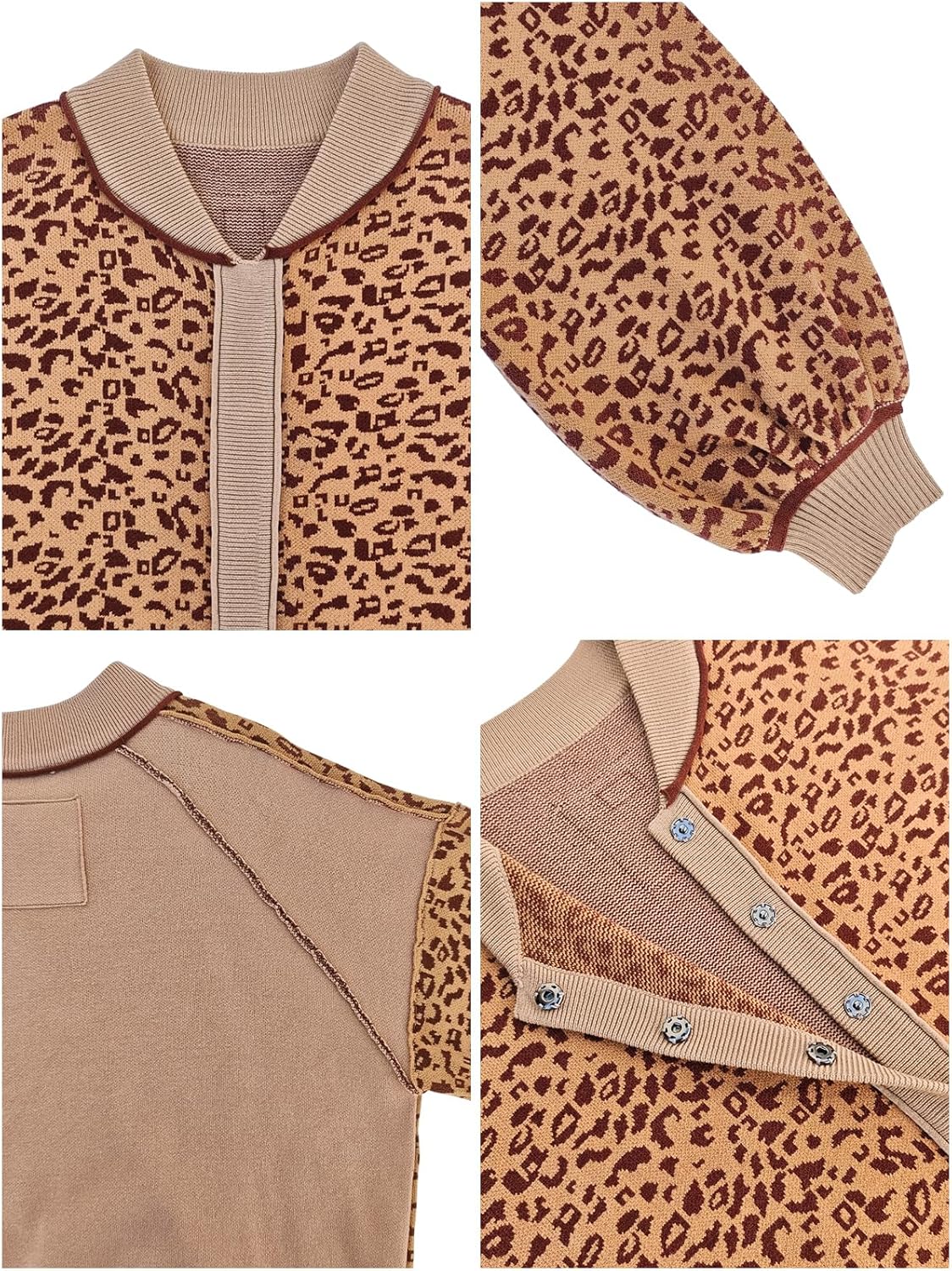 Women's Casual Leopard Print Jacket Crew Neck Long Sleeve Loose Fit Button Coat Fall Trendy Bomber Cardigan - Image 6