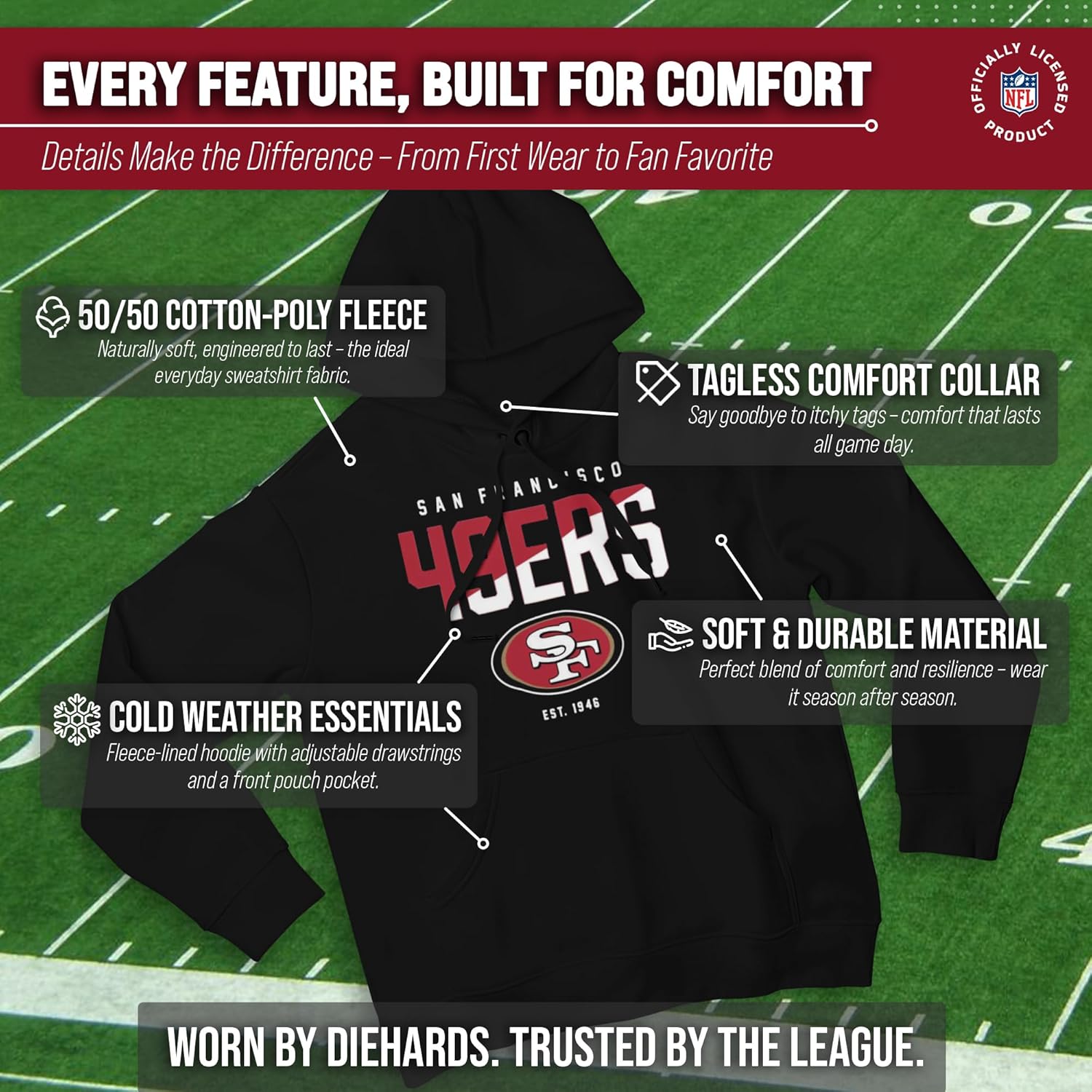 Team Fan Apparel Adult NFL Diagonal Fade Fleece Hooded Sweatshirt - Unisex Tagless - Officially Licensed Football Pullover - Image 3