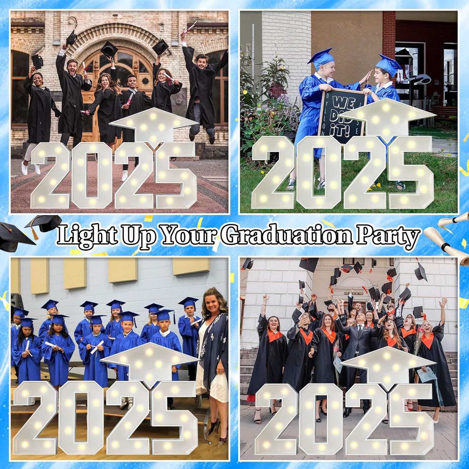 2025 Light Up Numbers Marquee 3FT for Graduation Decorations with Graduation Cap, White Big Mosaic Number with Lights 2025 Cardboard Pre-Cut Frame for Class of 2025 High School College Grad Party
