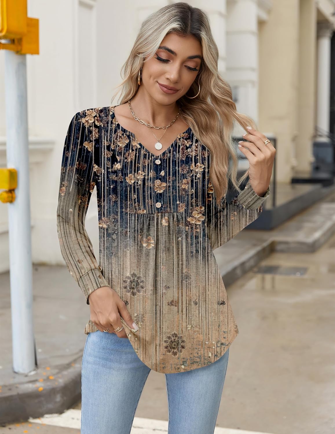 Zeagoo Long Sleeve Shirts for Women 2025 Casual Pleated V Neck Fall Tunic Tops Button Down Blouse Dressy Loose T-Shirts - Image 5