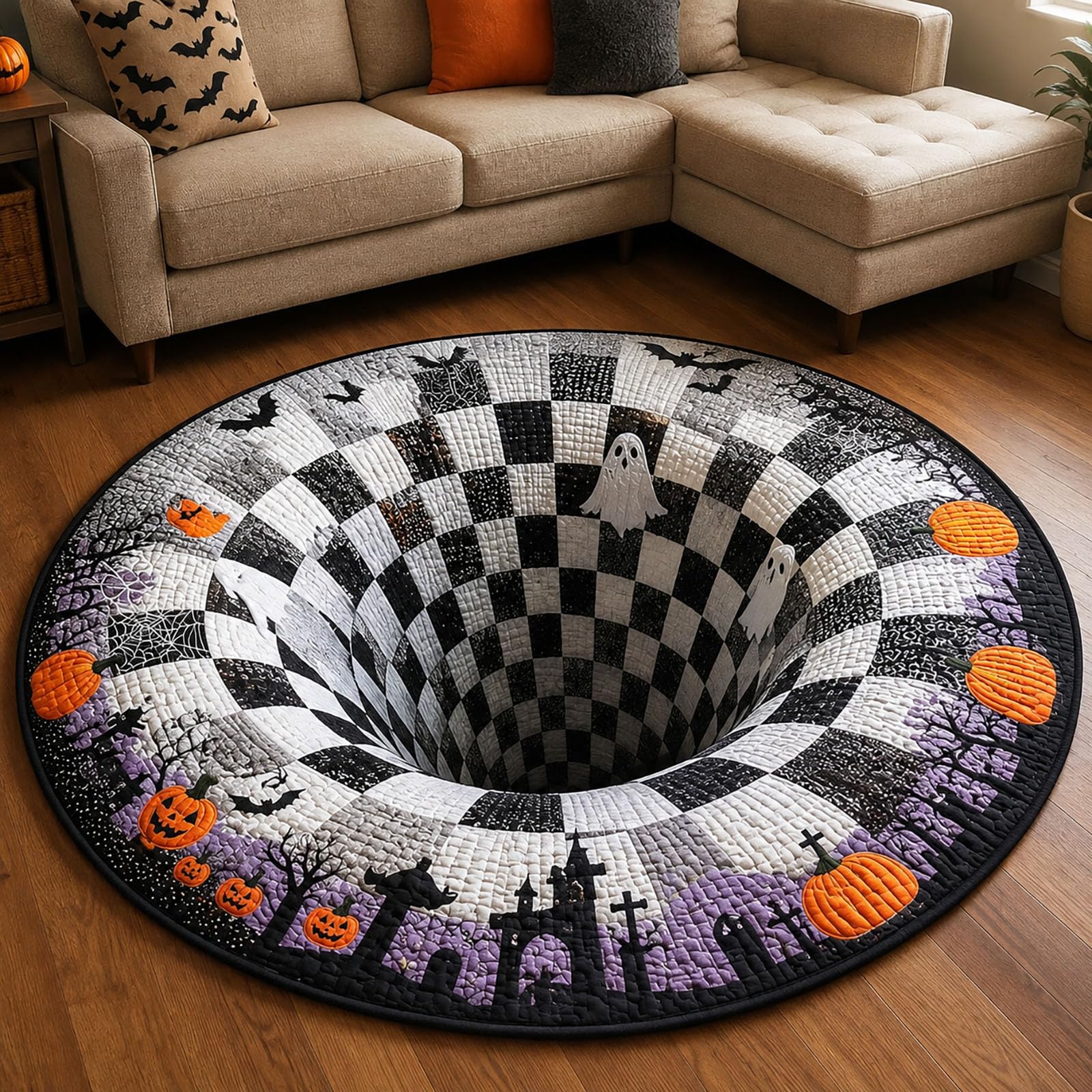 Tappeto 3D con Scheletro e Illusione Ottica Senza Fondo, Decorazioni spettrali 3D per la casa in Occasione di Halloween (6,A)