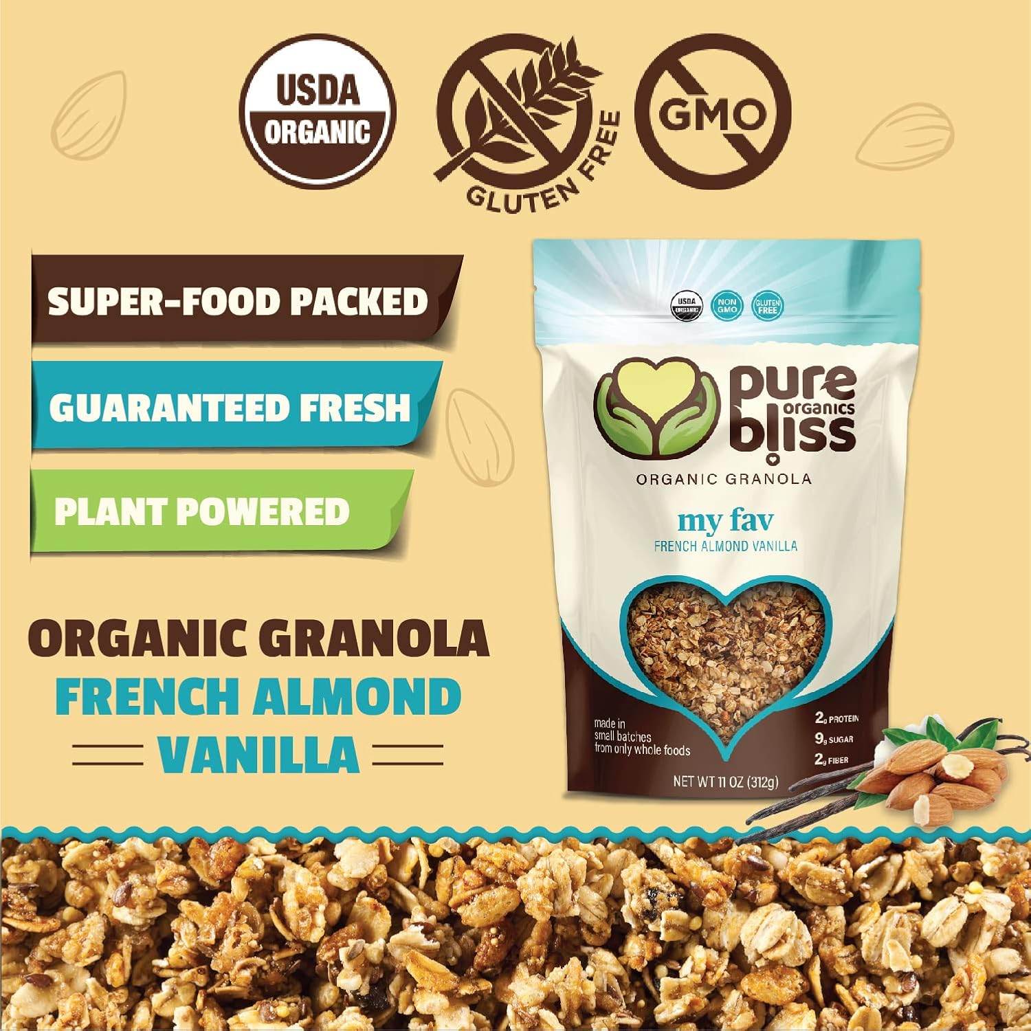 Pure Bliss Organic My FAV Granola (French Vanilla Almond) Certified Organic and Gluten Free, Non-GMO, Great Tasting Natural Healthy Snack, Small Batch Artisan Granola Cereal, Simple Satisfying Superfood Ingredients (Value Pack 3 x 11oz Bags)