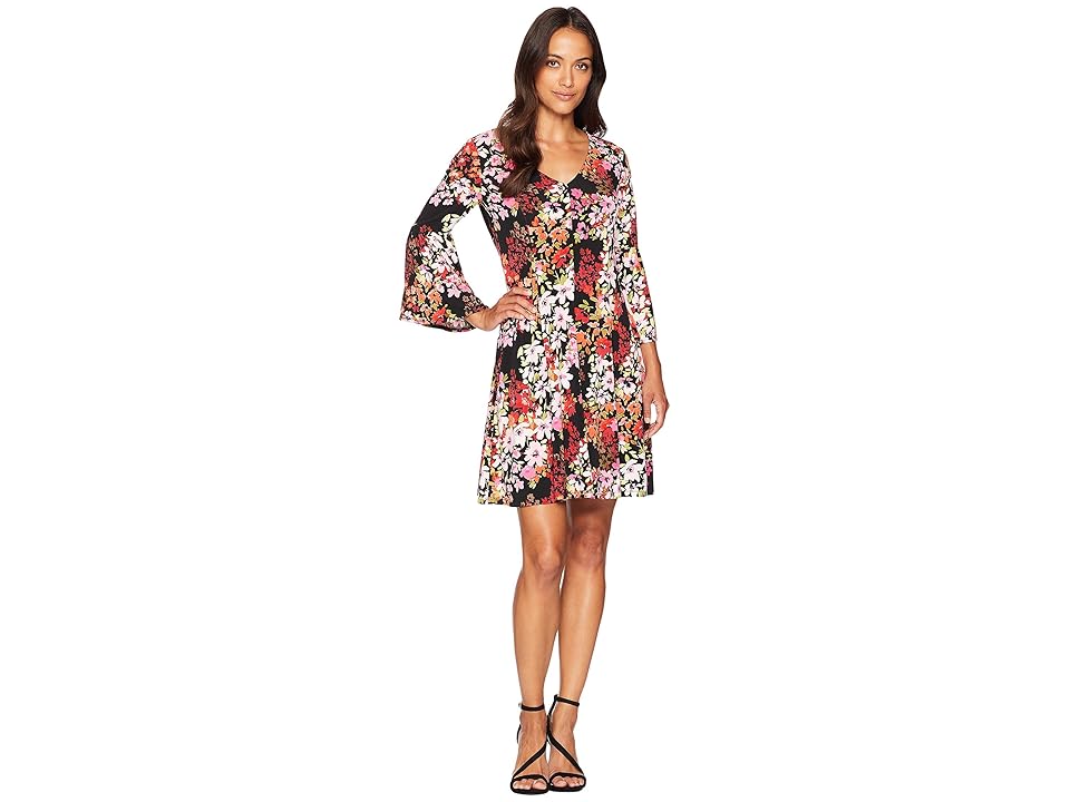 

London Times V-Neck Fit Flare Dress (Black/Pink) Women's Dress