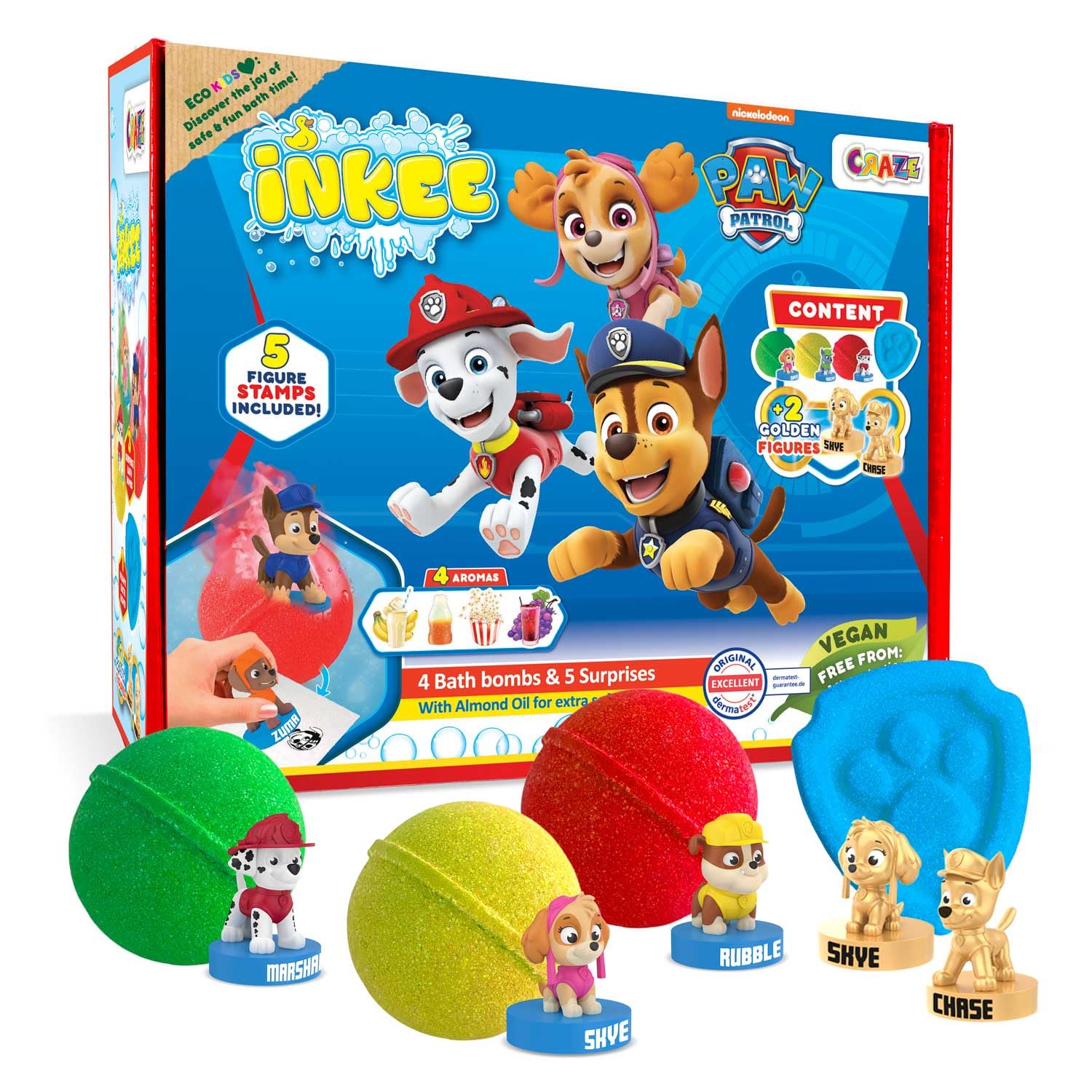 INKEE Paw Patrol Gift Box: 4 Kids Bath Bombs with Almond Oil & 5 Surprise Paw Patrol Figures