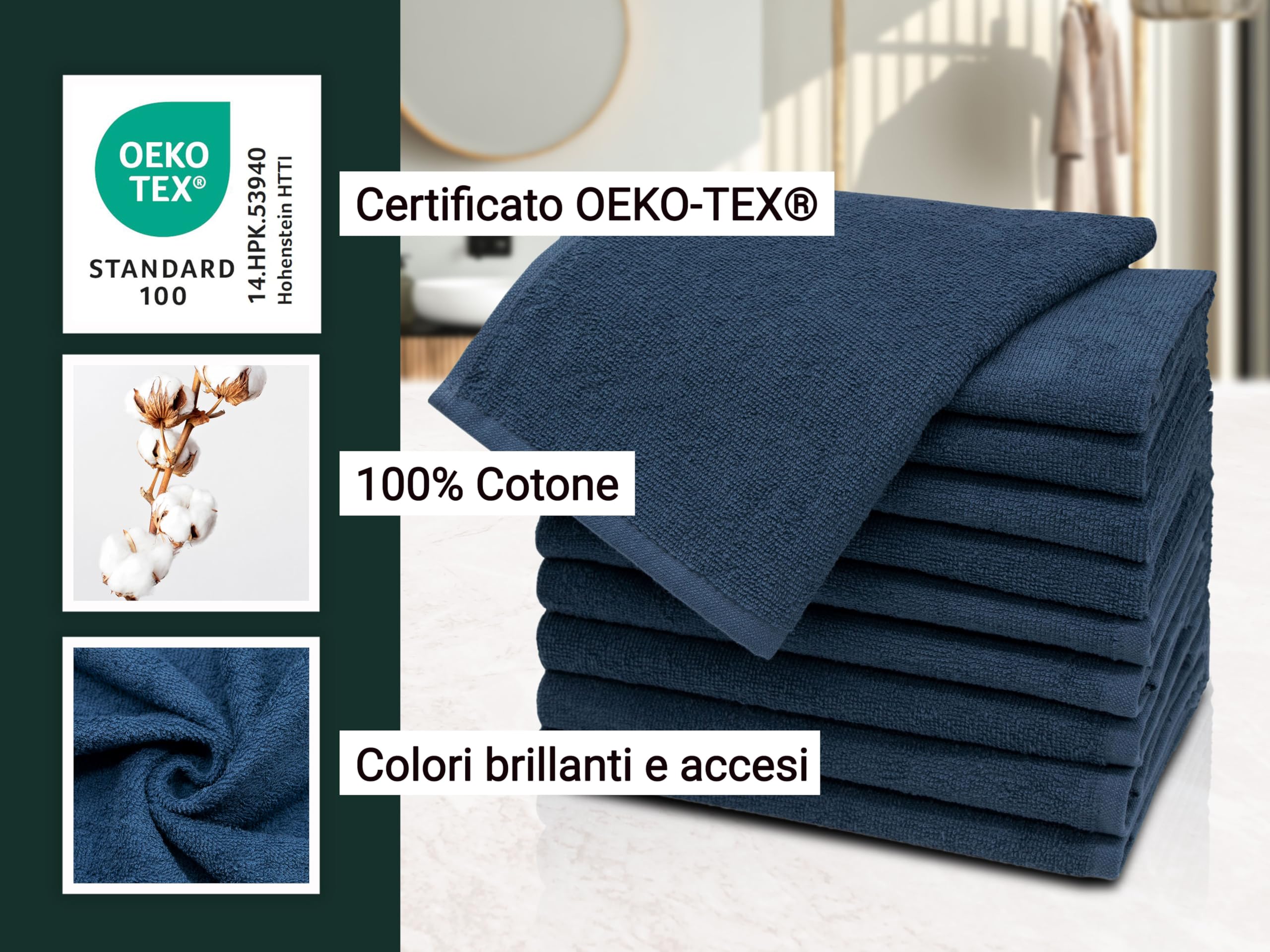 ZOLLNER 10 asciugamani per gli ospiti 30x50 cm - salviettine per le mani - blu marino - con gancetto - lavabili a 60°C - cotone - qualità d'albergo