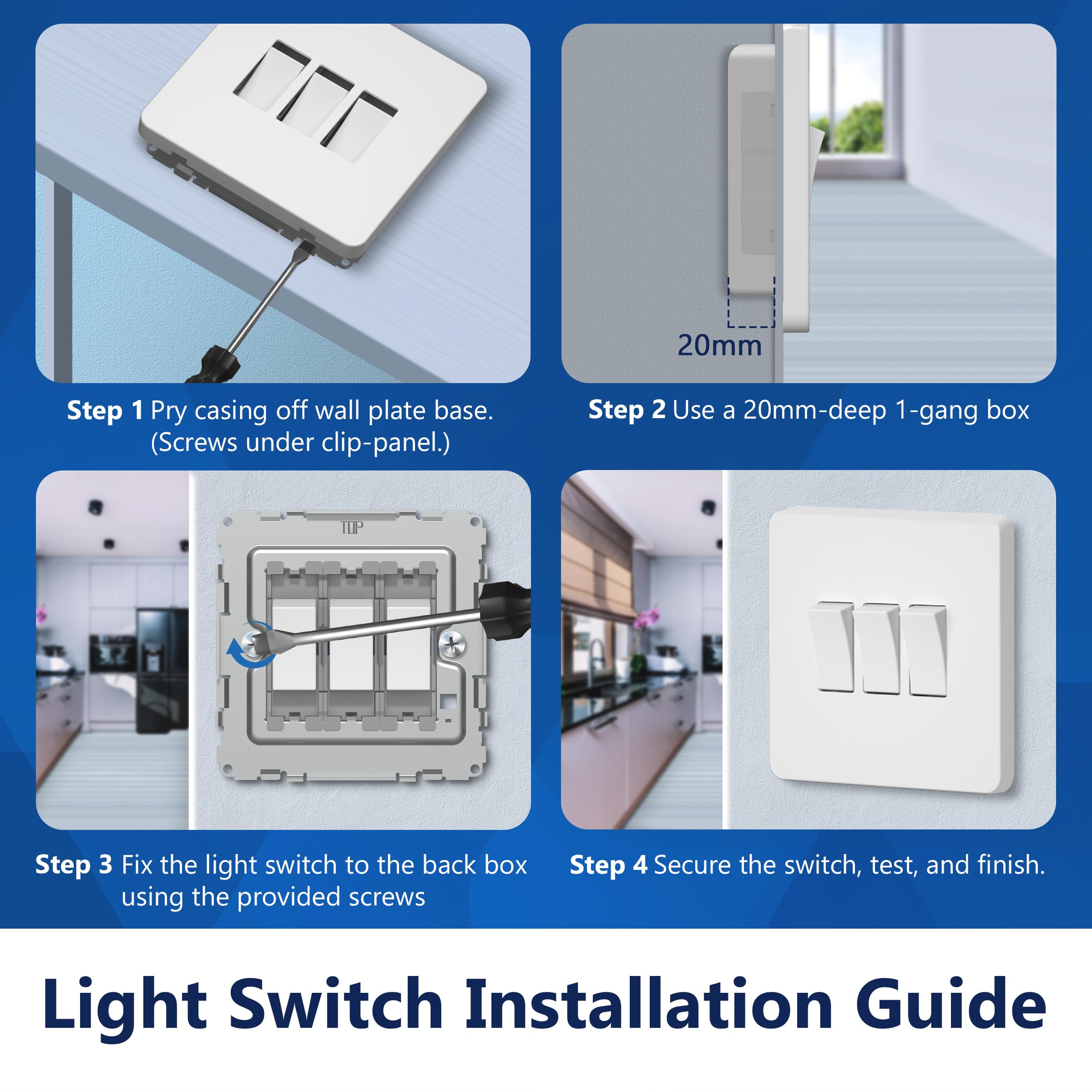 LIDER 3-Gang Screwless Light Switch, 1-Way/2-Way, UKCA Certified, Plastic Screwless Faceplate, RoHS Compliant - Image 2