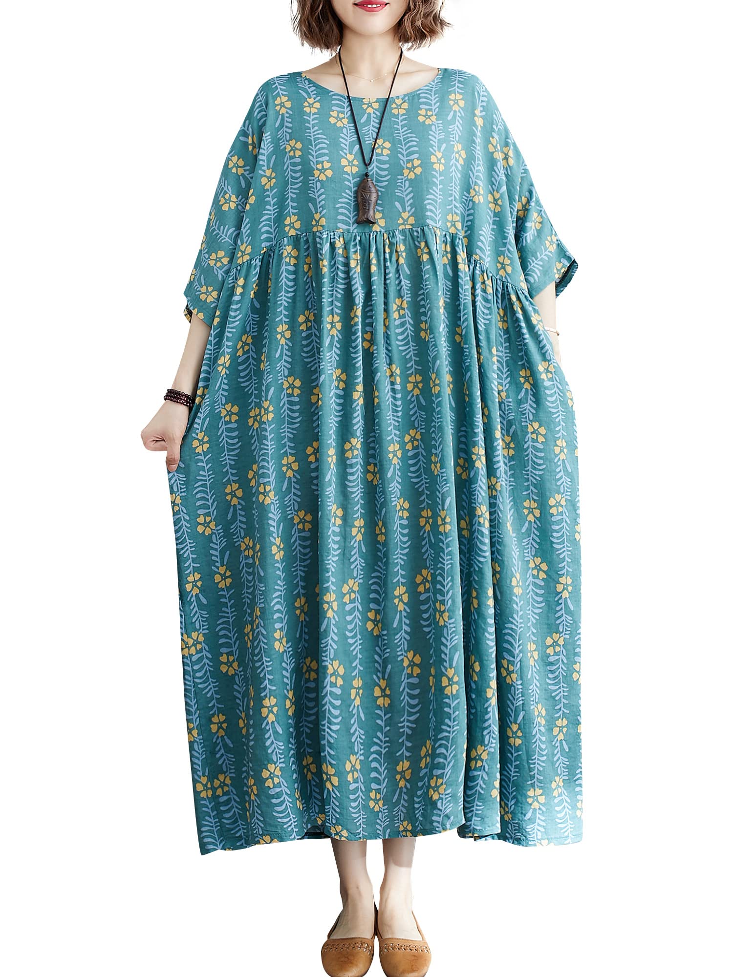 Boho Floral Swing Maxi Dress For Women – Oversized Pleated Dress With Pockets, One Size