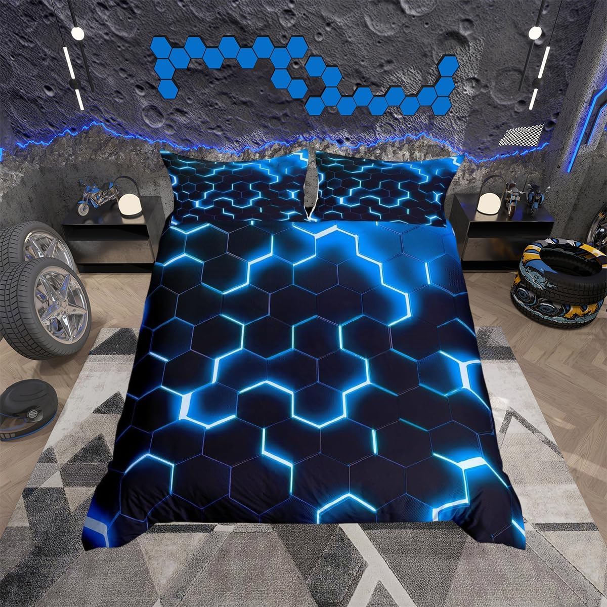 richhome Geometric Honeycomb Duvet Cover Junior/Cot Bed Size,Hexagon Abstract Bedding Set,Kids Boys Girls Adults Room Decor,Fashion Patchwork Comforter Cover,Blue Black Neon Quilt Cover,1 Pillowcase