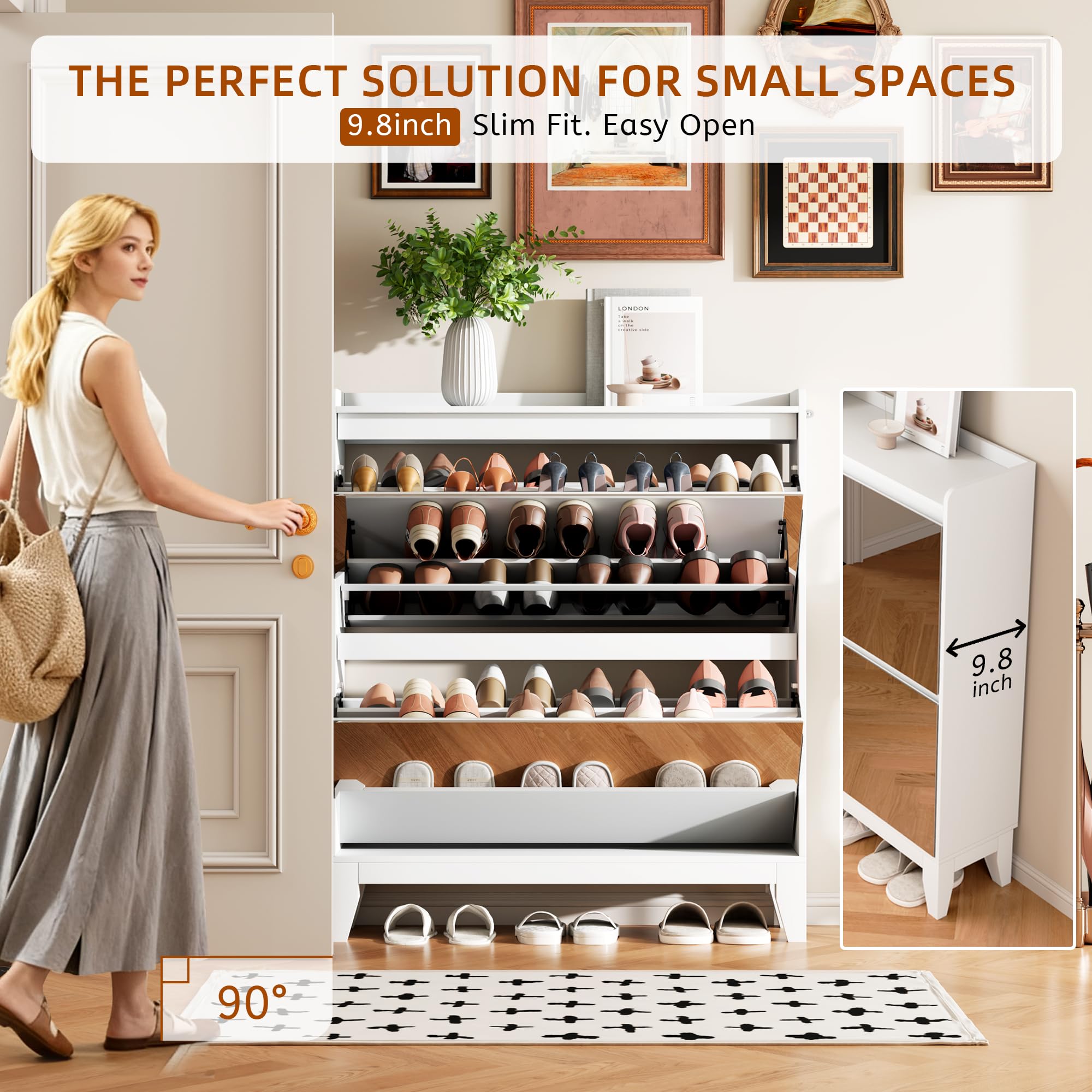 Vlsrka Scarpiera con Specchio, Scarpiera Ingresso con 2 Lembi, Scarpieras Salvaspazio Slim per 16 paia di scarpe, Cassettiera per scarpe Legno Corridoio, Ripiano Rimovibile, 103 x 80 x 25 cm, Bianco