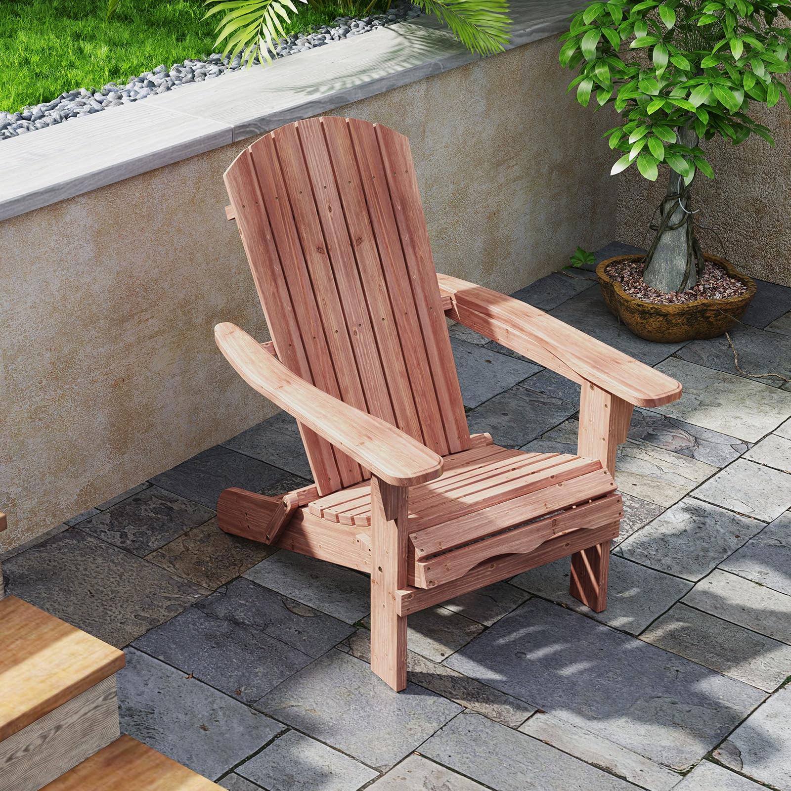 GOPLUS Chaise Adirondack, Chaise d'Extérieur Pliable avec Cadre en Bois Massif, Dossier Incurvé et Accoudoirs Larges, Capacité 180 Kg, pour Terrasse, Jardin, Bord de Piscine (1, Naturel)