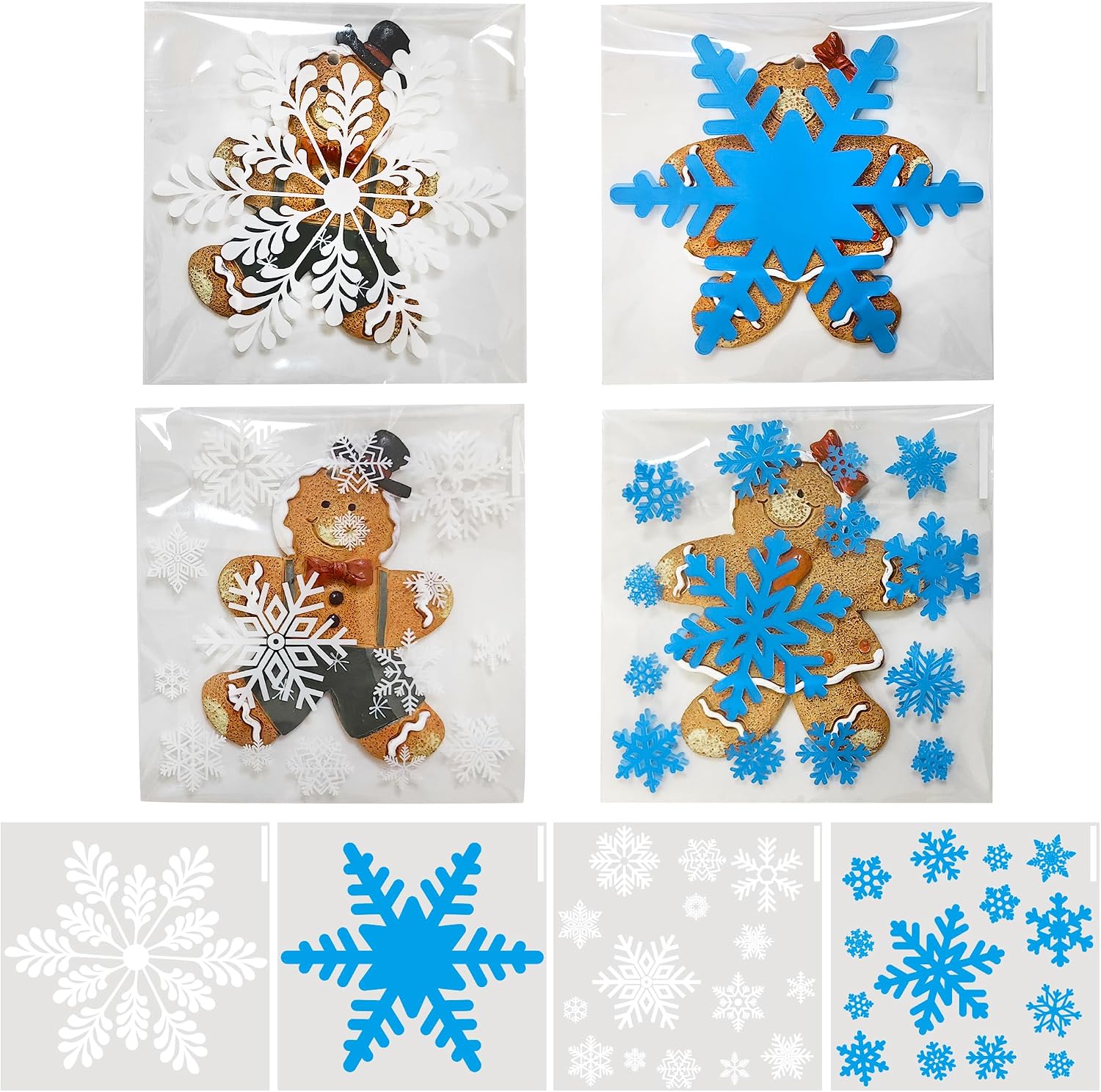 QOIUSO 200 Pcs 4x4 Inch Christmas Cookie Bags – 4 Snowflake Designs Self-Adhesive Cellophane Treat Bags for Cookies, Candies, Holiday Goodies, Party Favors, and Gift Giving