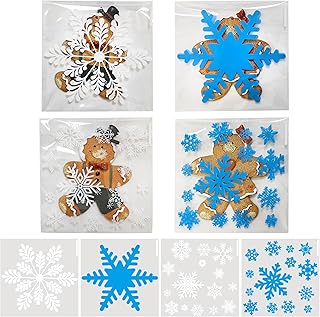 QOIUSO 100 Pcs 4x4 Inch Christmas Cookie Bags – 4 Snowflake Designs Self-Adhesive Cellophane Treat Bags for Cookies, Candies, Holiday Goodies, Party Favors, and Gift Giving