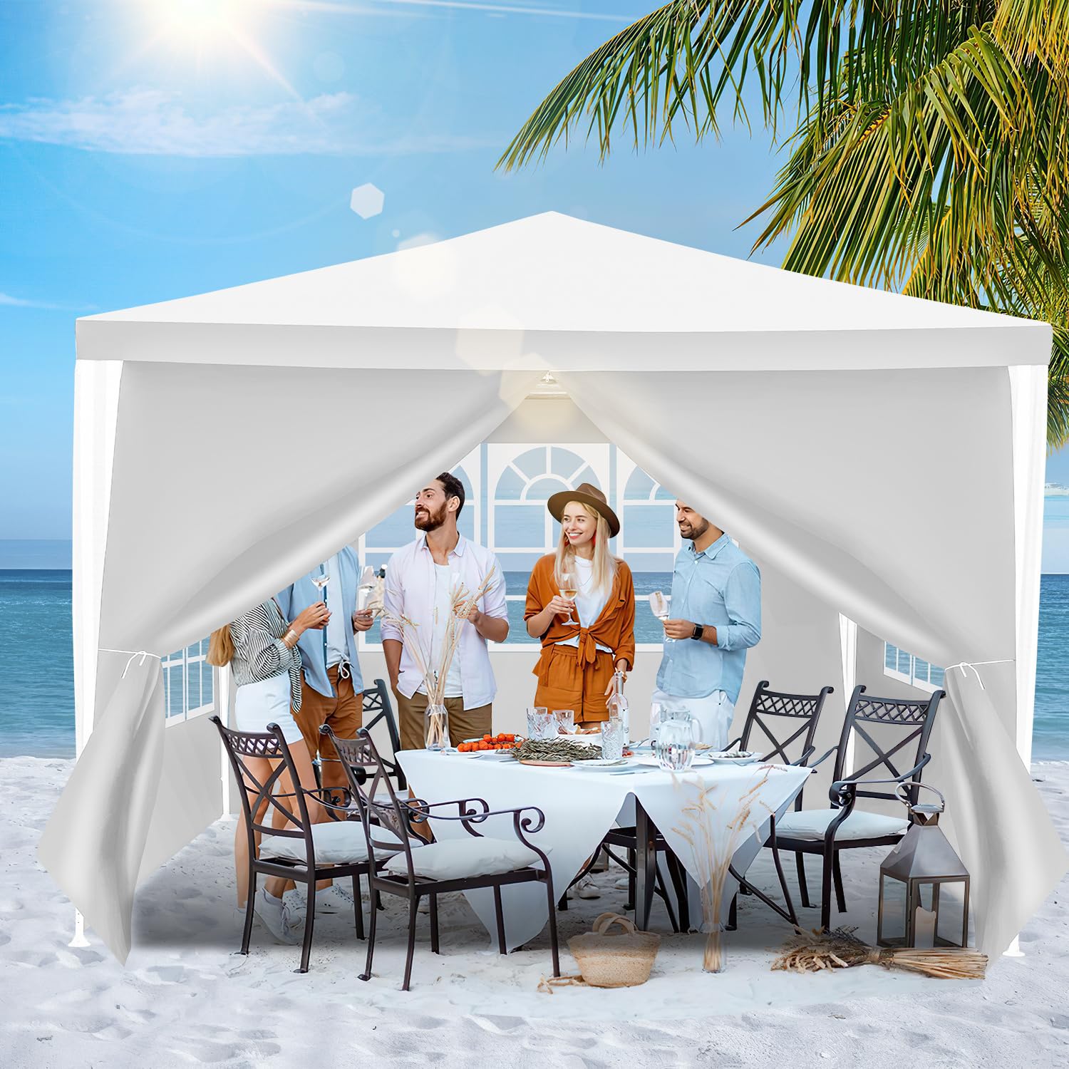 Carpa de jardín de 3 x 3 m, resistente al agua, con paneles laterales y ventanas, protección solar, carpa exterior para fiestas, camping, festivales, color blanco