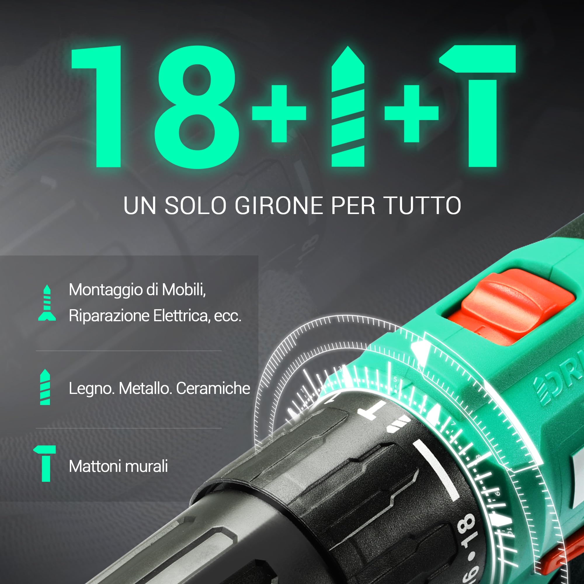 DCA Trapano a percussione a batteria 20V, 40 Nm, mandrino autoserrante da 13mm, 22500 colpi/min, 2 velocità variabili, 18+1+1, trapano a percussione con 14 punte per muratura, metallo e legno