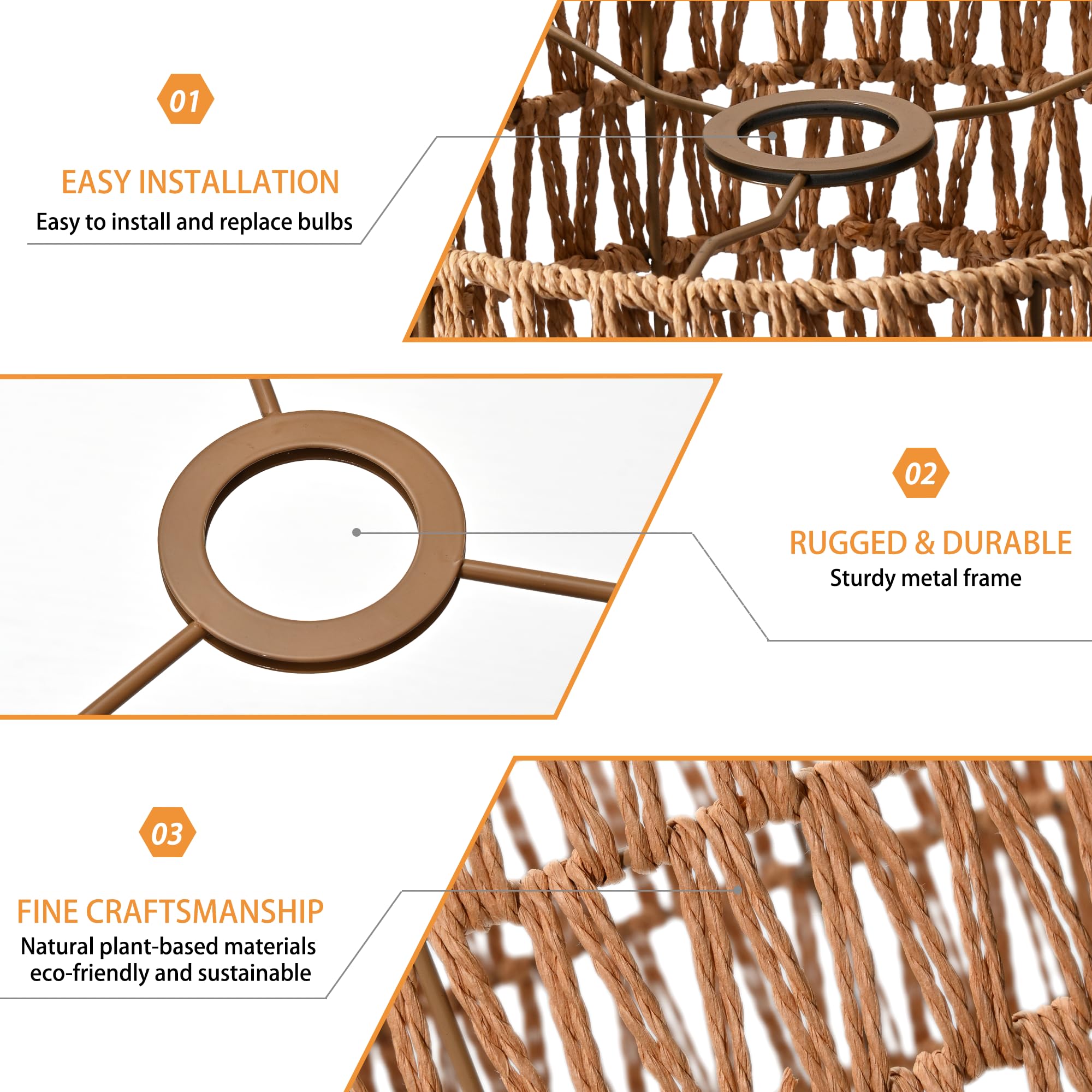 Rattan Lampenschirm, handgeflochtener Boho-Trommelschirm für E27