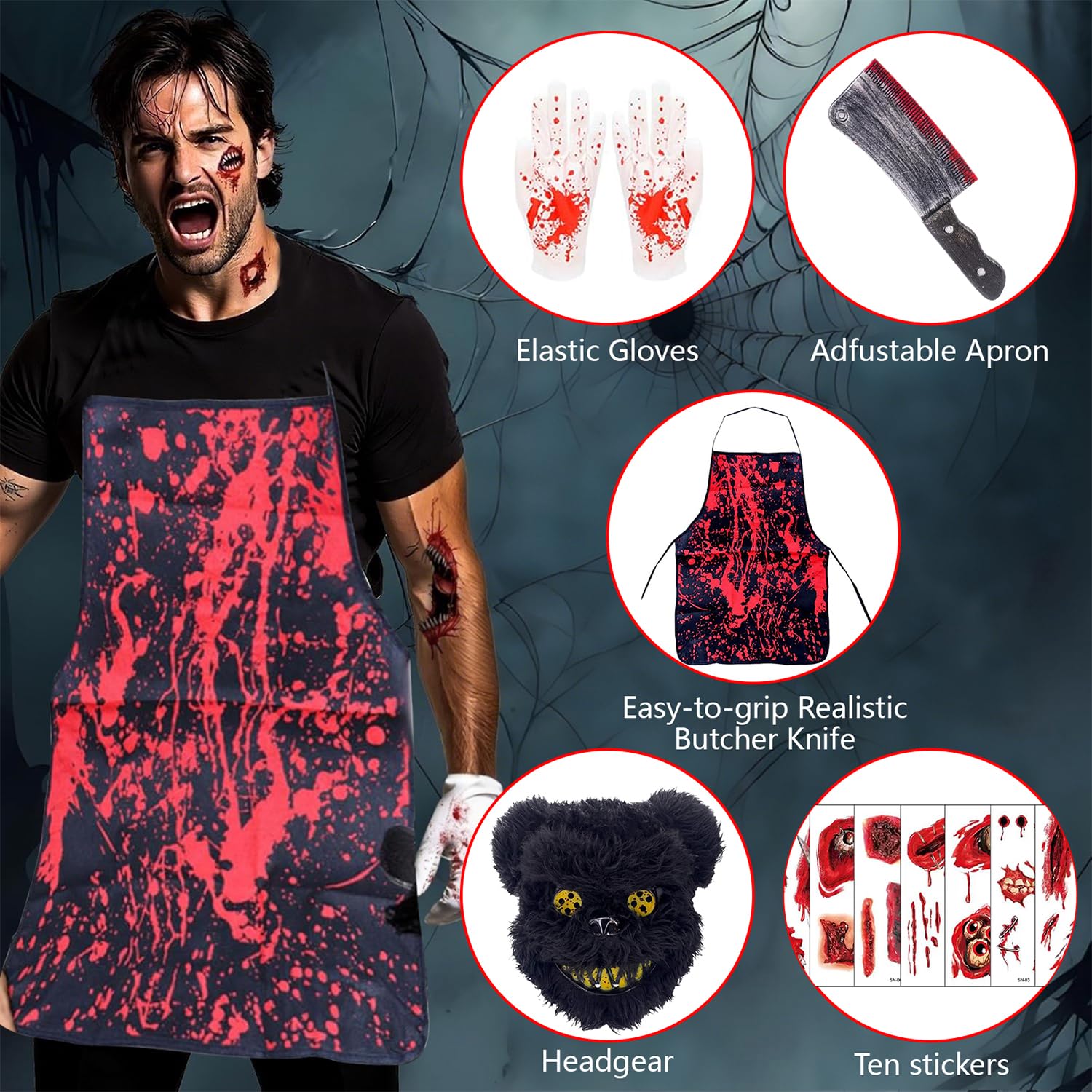 Gillterway Horror Bear Costume, Killer Costume, Scary Bear Mask, Apron Blood, Mens halloween Costumes Adult Scary - Image 3