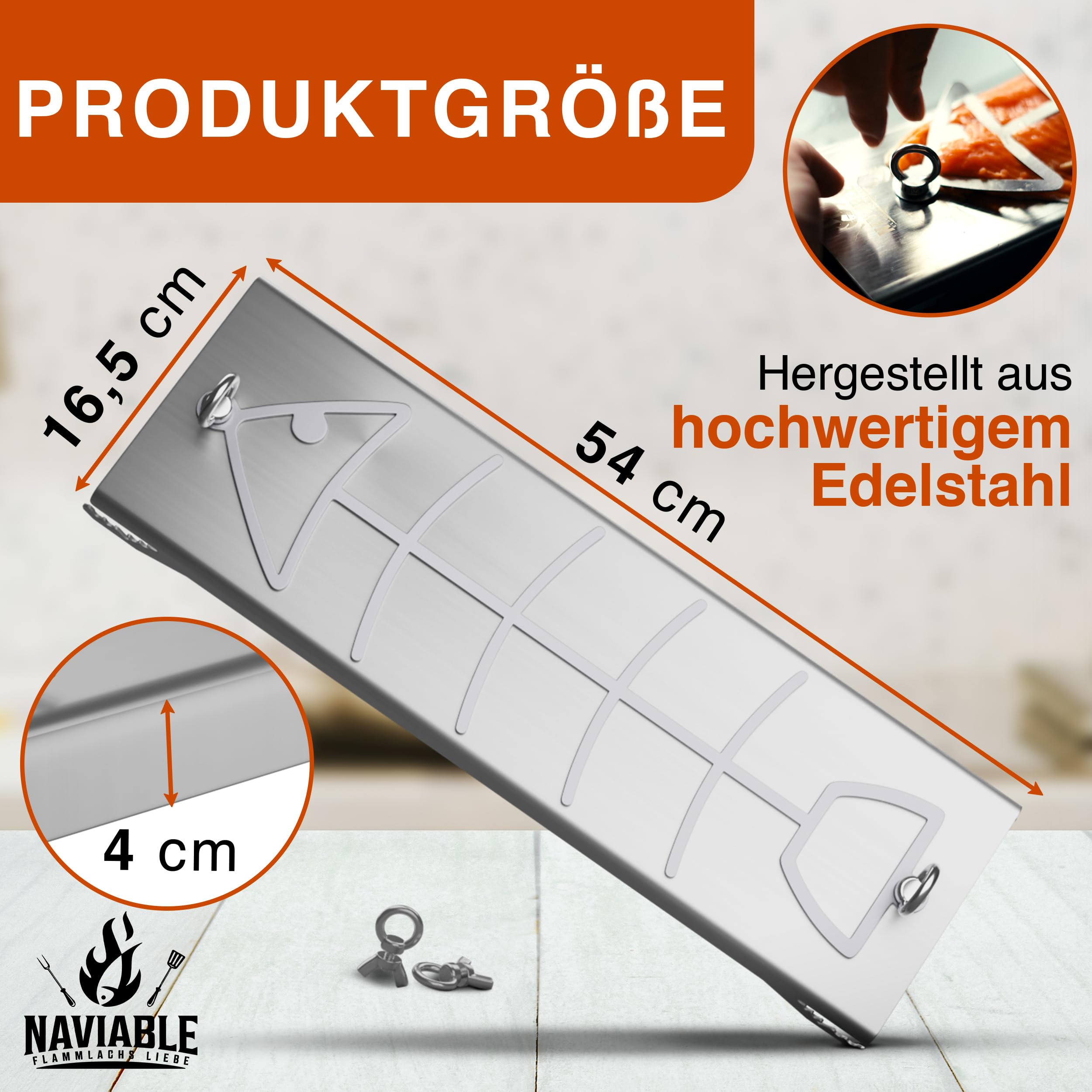 Edelstahl Flammlachshalter für Feuerschalen & Kugelgrills – Testsieger - 5-stufig verstellbares Grillbrett für perfektes Flammlachs und Fisch - Grillen bei Camping & Grillpartys