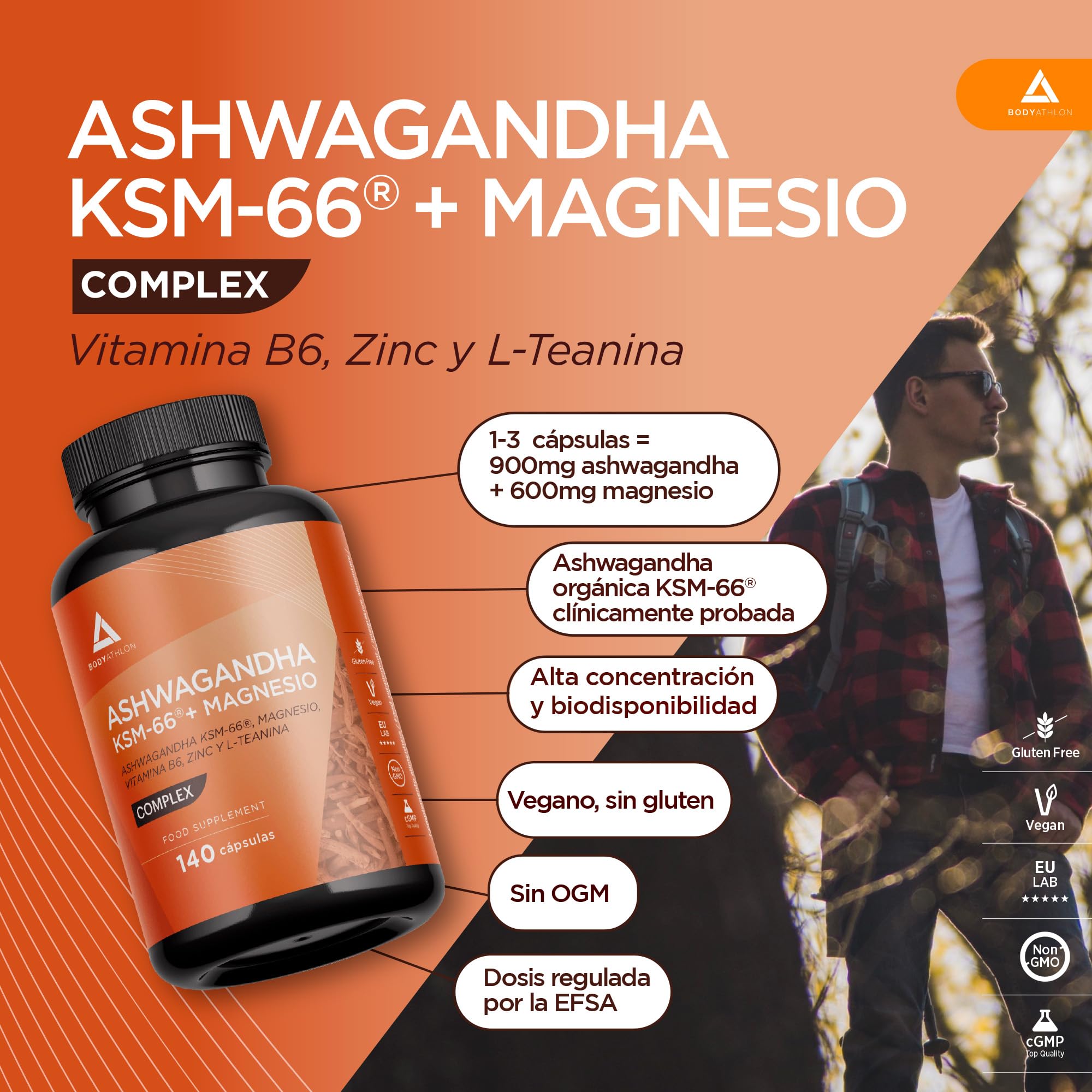 Ashwagandha KSM66 + Magnesio Bisglicinato + L-Teanina | Menos Estrés, Ansiedad| Más Descanso, Bienestar Mental y Físico |100% Raíz+ 5% Withanolidos+ Vitamina B6+ Zinc - Vegano- Sin Gluten| Bodyathlon