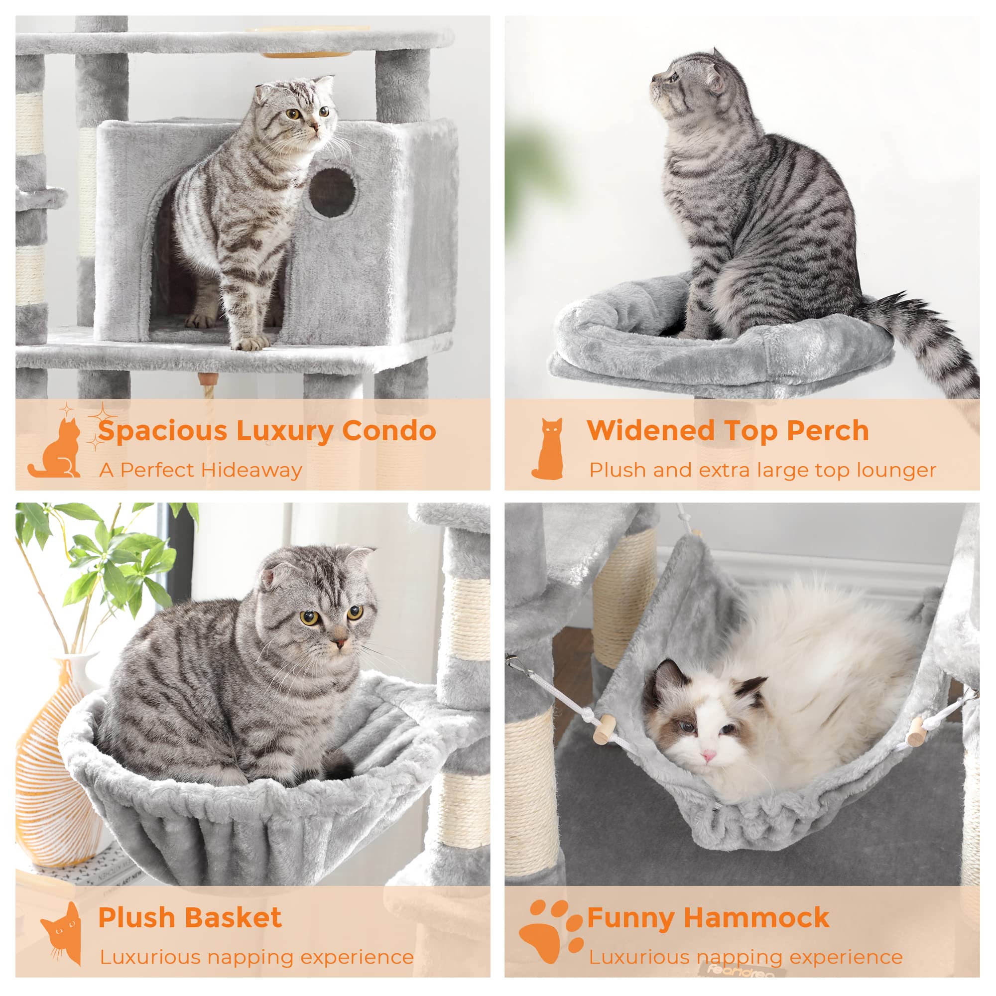 FEANDREA 63.8 inches Sturdy Cat Tree with Feeding Bowl, Cat Condos with