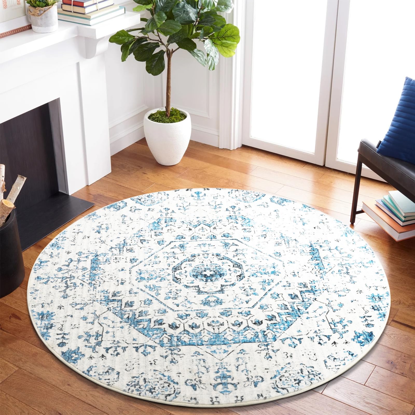 Carvapet Alfombras Redondas 90cm Microfibra Suave Alfombra Círculo Salón Dormitorio Antideslizante Lavable Estampados Florales Alfombras de área(Azul)