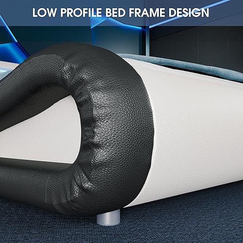 Miniatura 20 de WEEWAY Base de cama moderna tamaño Queen con cabecera de luces LED RGBW, diseño de trineo tapizado de perfil bajo, soporte de listones de madera