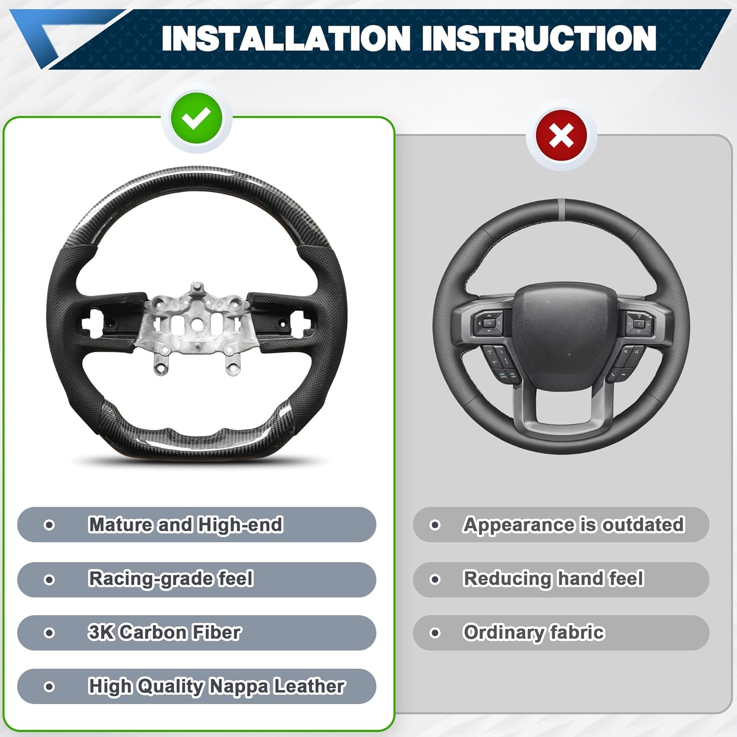Carbon Fiber Steering Wheel for Jeep Wrangler JL JLU JT 2018-2025, D-Shaped Flat Bottom with Perforated Nappa Leather Grip