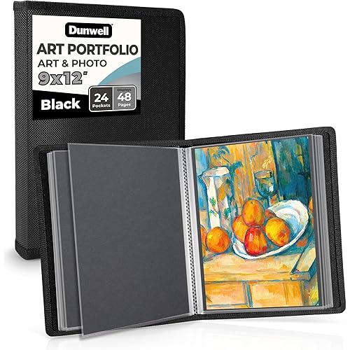 Dunwell 9x12 Art Portfolio Binder, Black Mounting Paper, Portfolio Binder for Artwork, 9 x 12 Art Folder, 24 Pockets Display 48 Pages, Acid-Free Poly Presentation Book