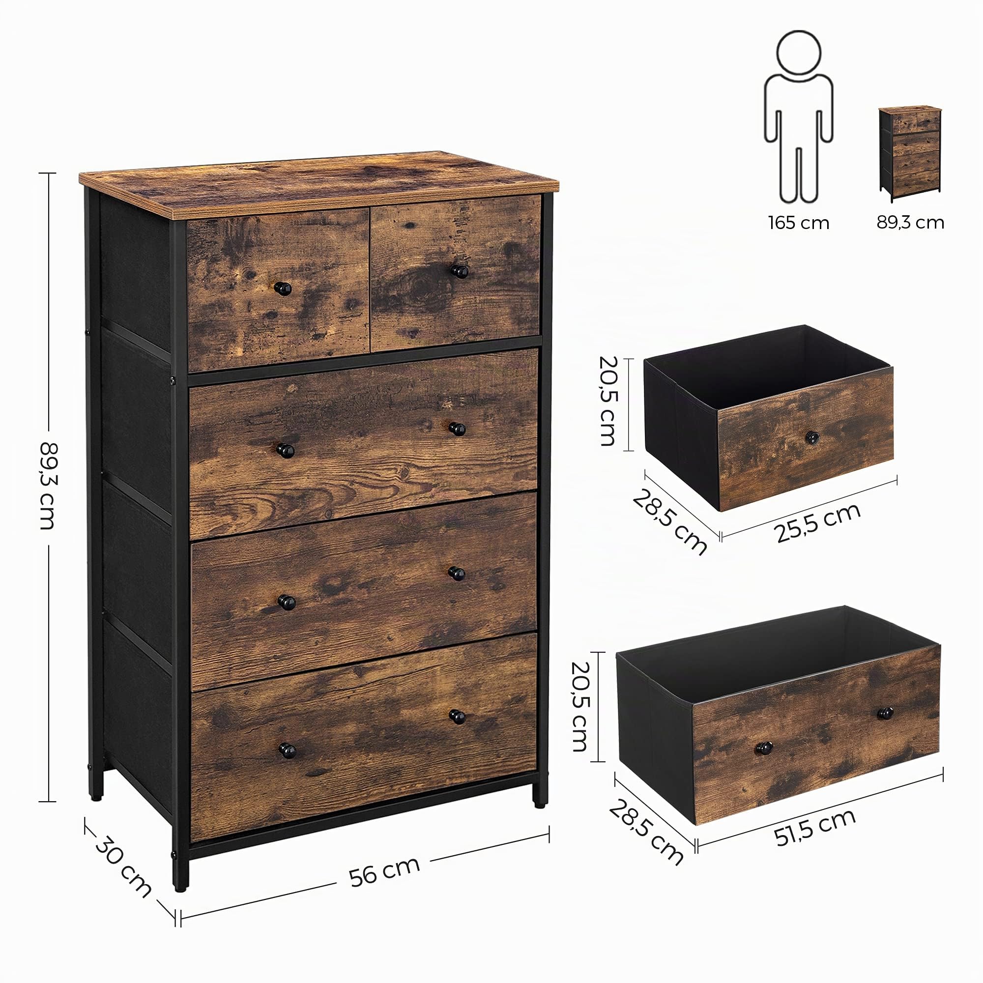 SONGMICS BELLAH Kollektion - Kommode, Aufbewahrungsschrank, 5 Stoffschubladen, für Flur, Wohnzimmer, vintagebraun-klassikschwarz LGS045KD01