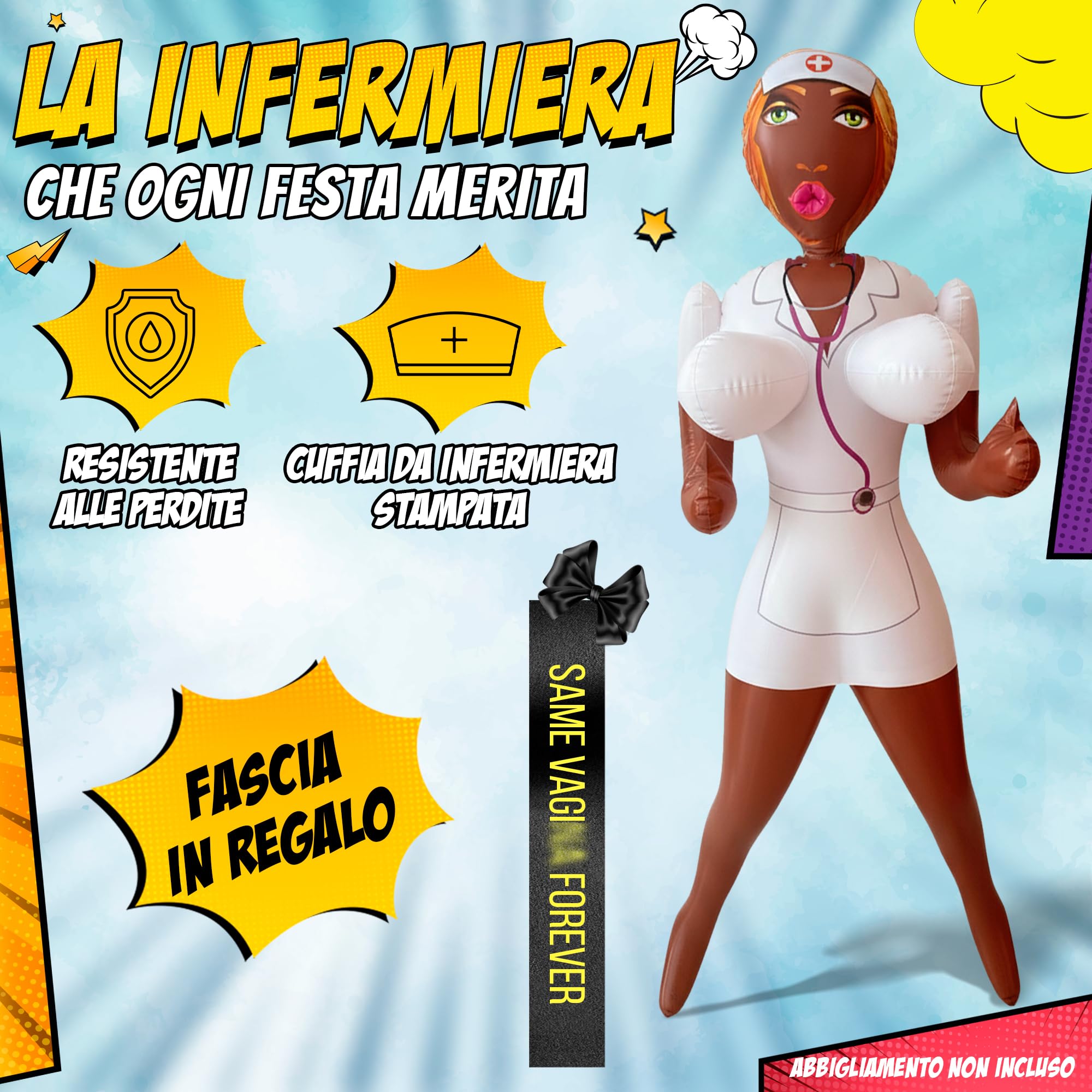 Bambola Gonfiabile Donna con Fascia per Addio al Celibato e Confezione Originale - Altezza 150 cm - Nurse Nikki